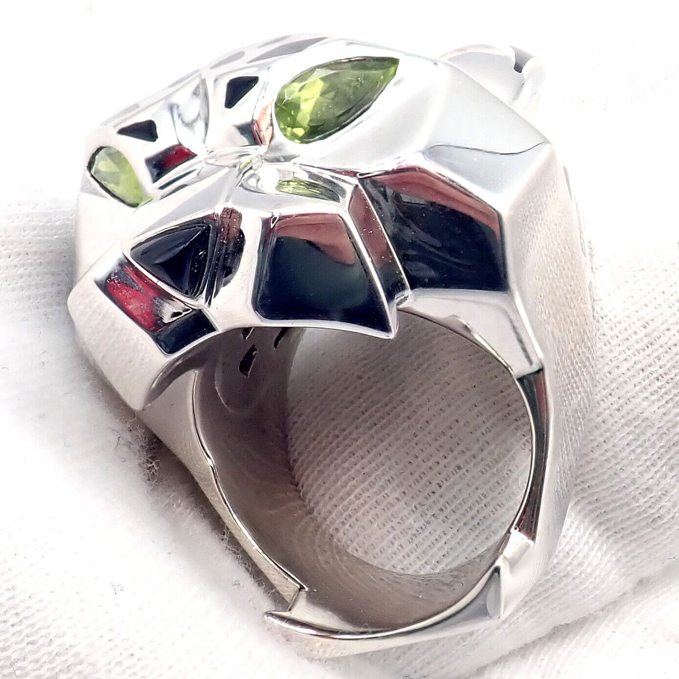 Cartier Jewelry & Watches:Fine Jewelry:Rings Cartier Panther Panthere 18k White Gold Peridot Onyx Lacquer Large Ring Cert