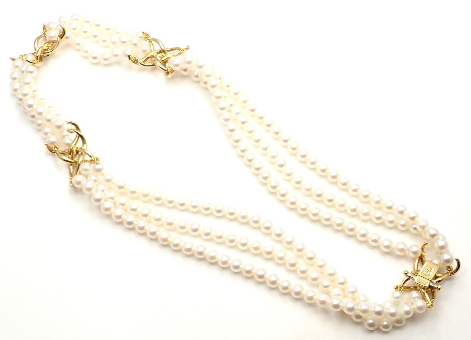Authentic! Tiffany & Co 18k Yellow Gold Diamond 3 Strand Pearl Necklace | Fortrove