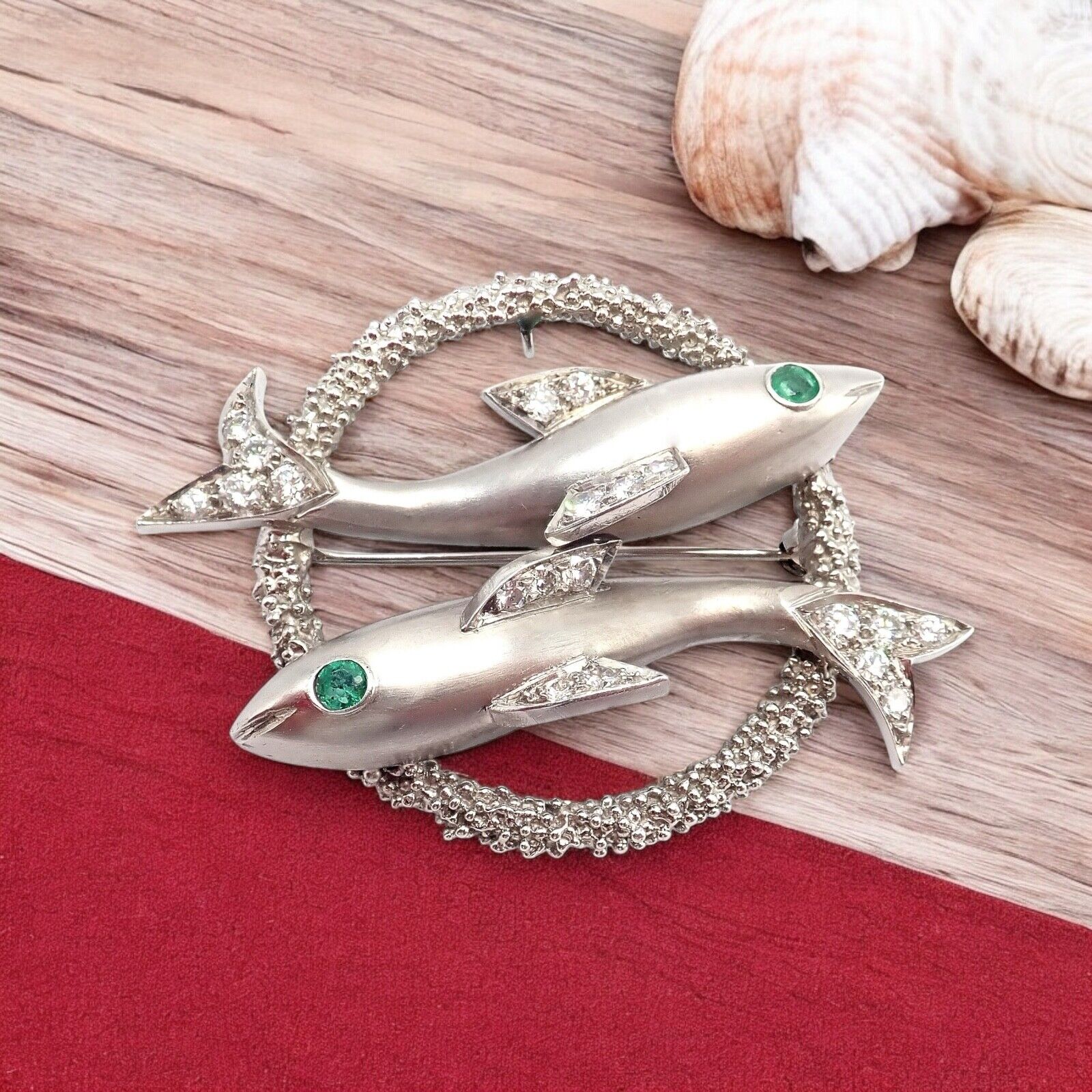 Cartier 18k White Gold Platinum Diamond Emerald Zodiac Pisces Fish Brooch Pin | Fortrove