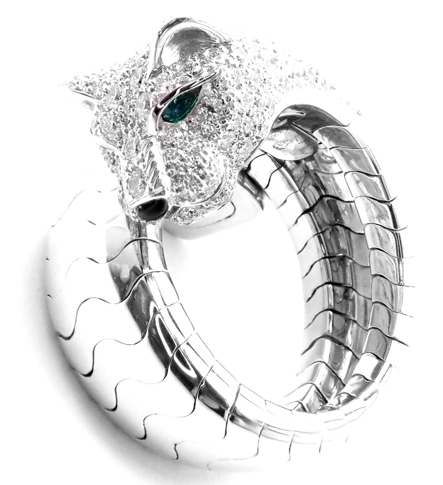 Authentic! Cartier Panther 18k White Gold Diamond Emerald Onyx Band Ring Cert. | Fortrove