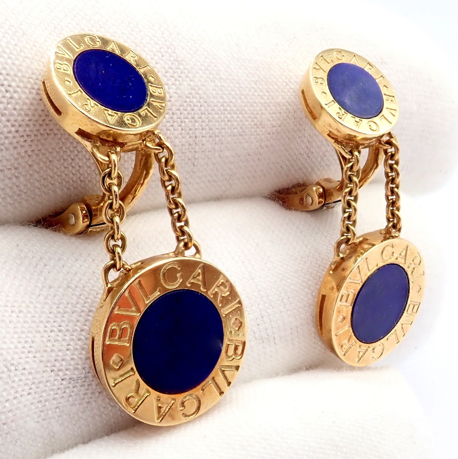 Bulgari Jewelry & Watches:Fine Jewelry:Earrings Rare! Authentic Bvlgari Bulgari 18k Yellow Gold Lapis Disc Double Logo Earrings