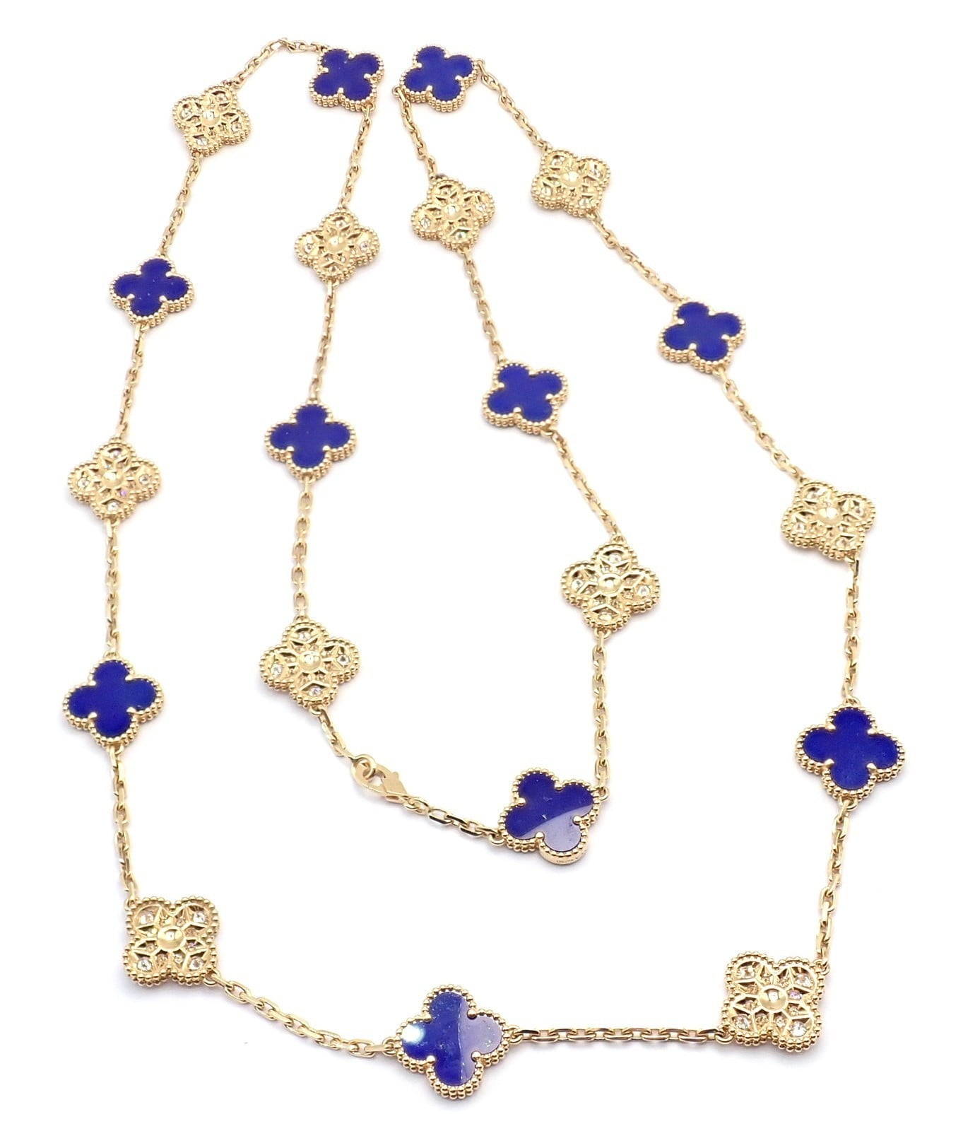 Van Cleef & Arpels Jewelry & Watches:Fine Jewelry:Necklaces & Pendants Van Cleef & Arpels 18k Yellow Gold 20 Motif Alhambra Diamond Lapis Necklace