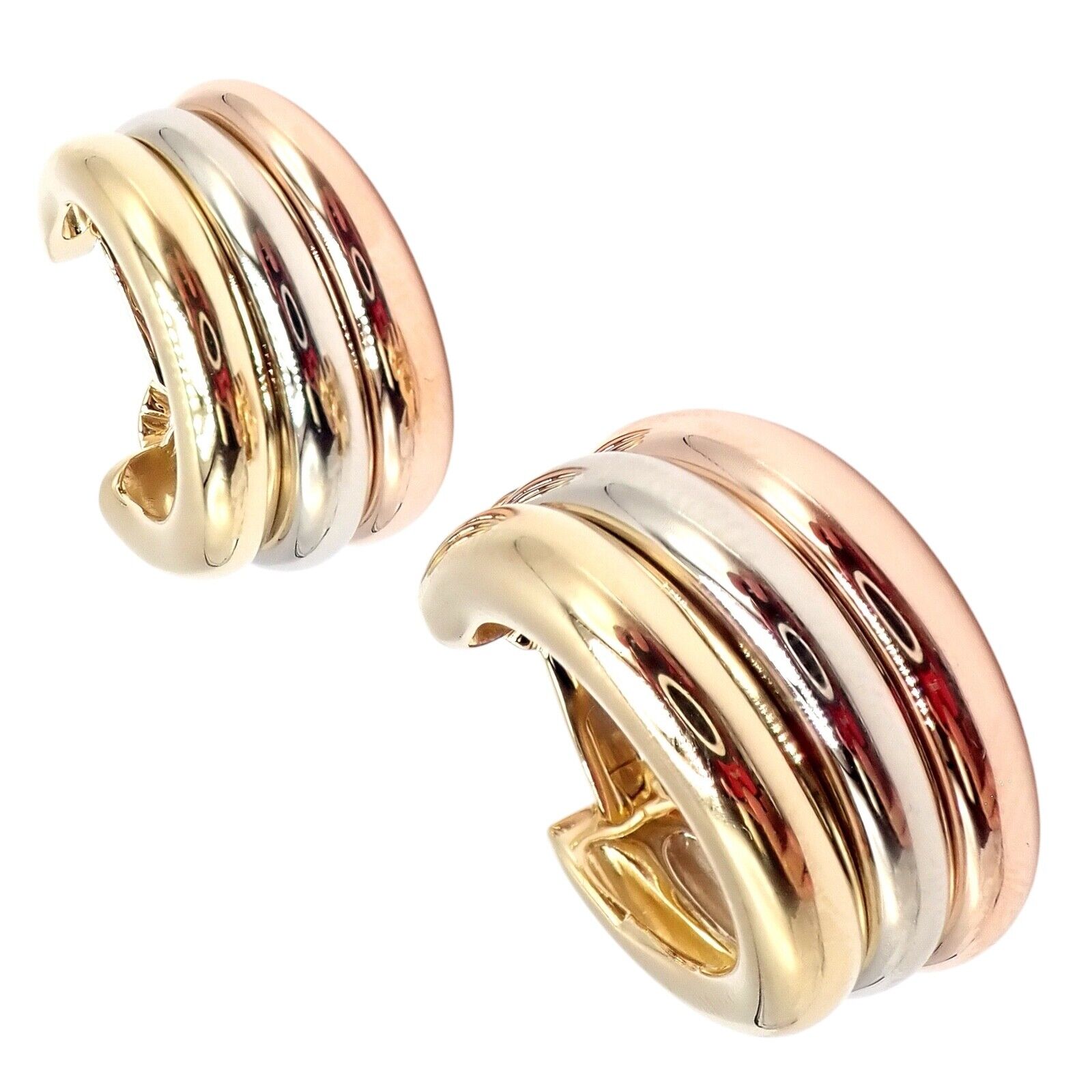 Authentic! Cartier 18k Tri-Color Gold Large Size Trinity Huggie Hoop Earrings | Fortrove