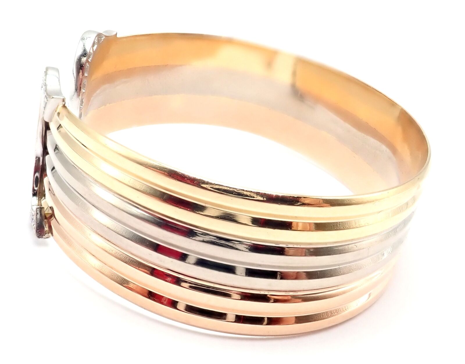 Authentic! Cartier 18k Tri-Color Gold Diamond Double C Wide Cuff Bangle Bracelet | Fortrove