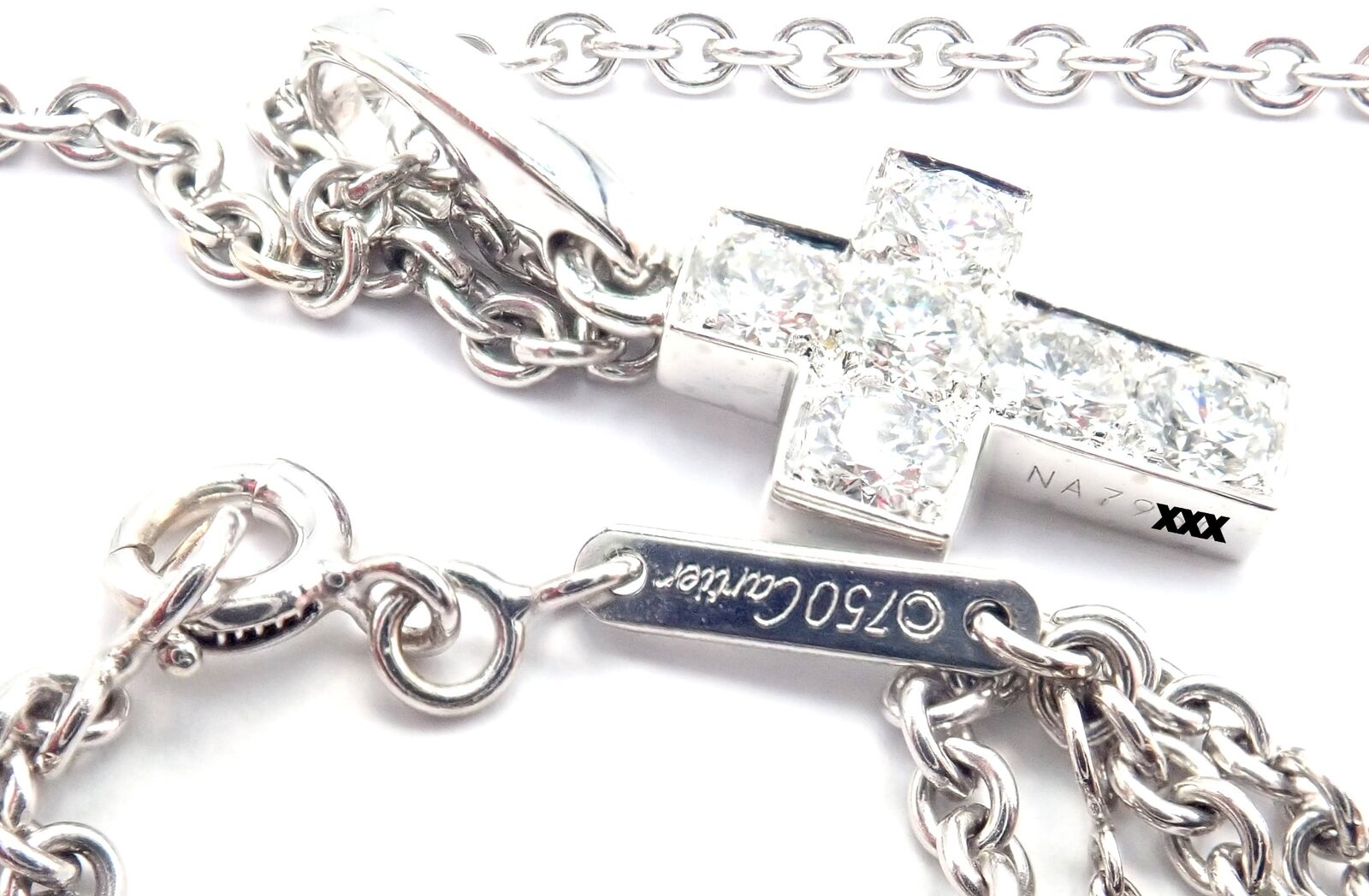 Authentic! Cartier 18k White Gold Diamond Cross Pendant Chain Necklace | Fortrove