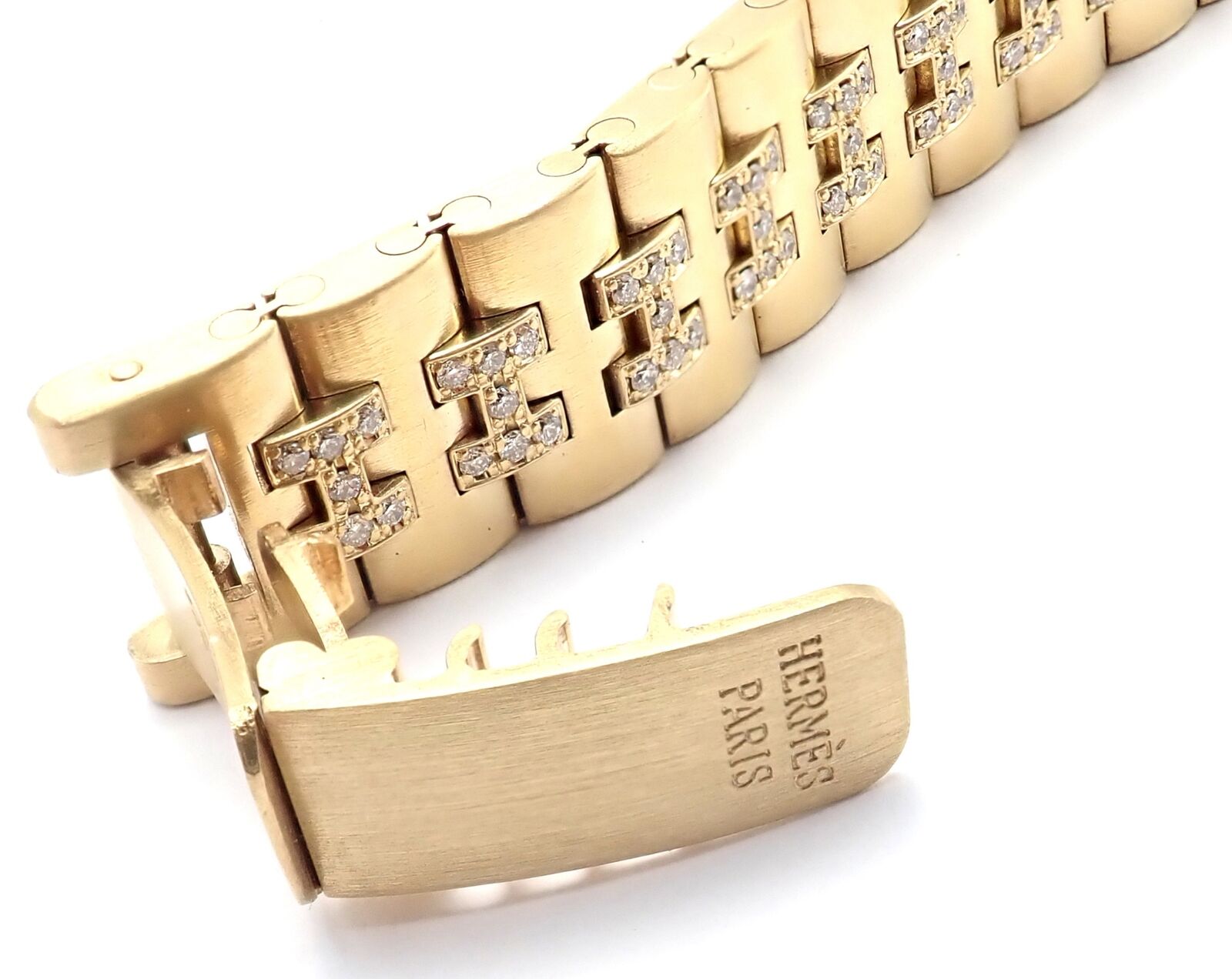 Authentic! Vintage Hermes Paris 18k Yellow Gold Diamond H Link Bracelet | Fortrove