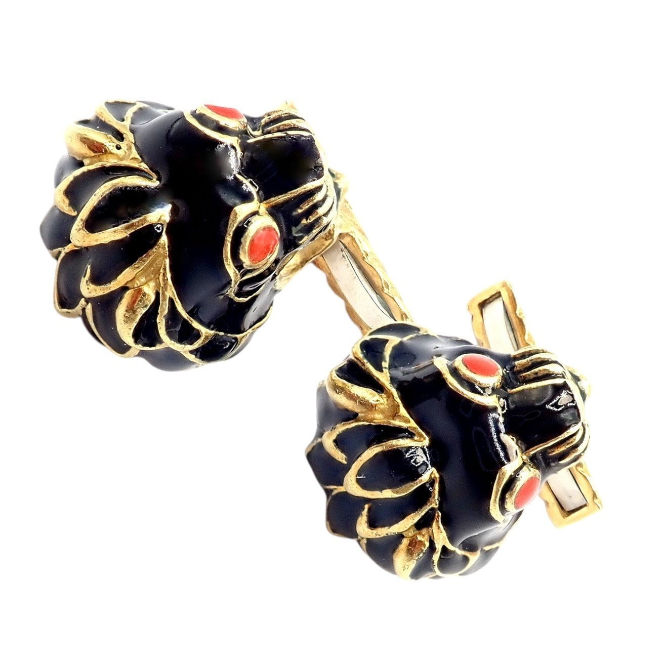 Vintage! David Webb 18k Yellow Gold Black Enamel Lion Cufflinks | Fortrove
