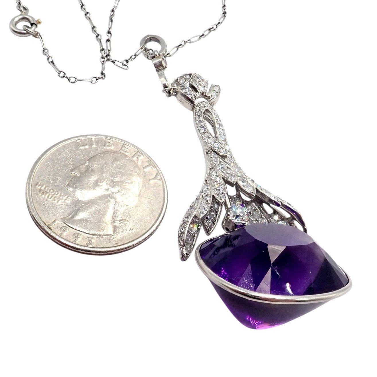 Estate Jewelry & Watches:Fine Jewelry:Necklaces & Pendants Vintage Estate Platinum Diamond Large Amethyst Art Deco Necklace