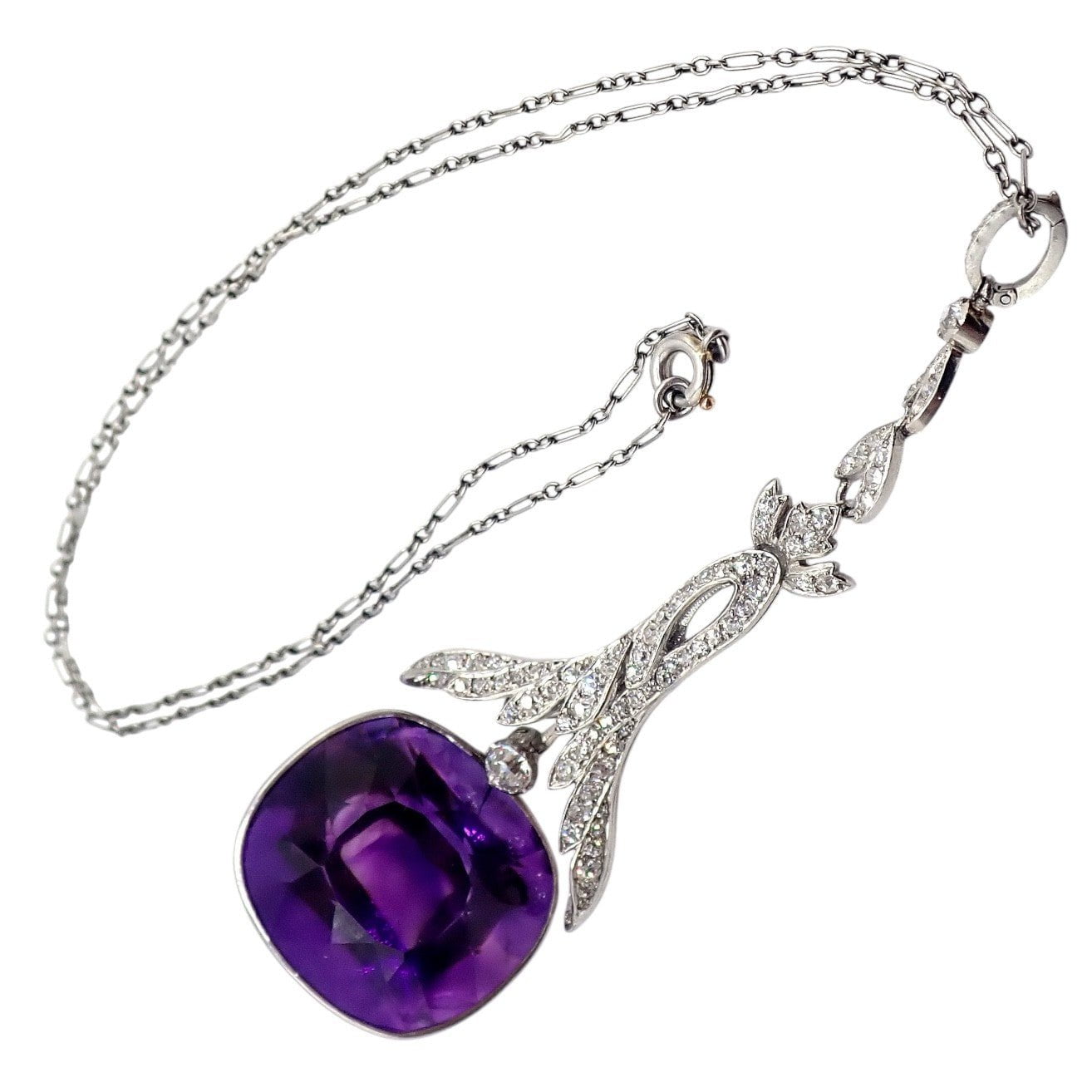 Estate Jewelry & Watches:Fine Jewelry:Necklaces & Pendants Vintage Estate Platinum Diamond Large Amethyst Art Deco Necklace