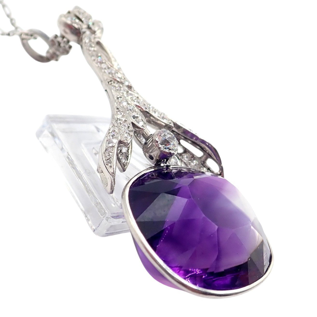 Estate Jewelry & Watches:Fine Jewelry:Necklaces & Pendants Vintage Estate Platinum Diamond Large Amethyst Art Deco Necklace