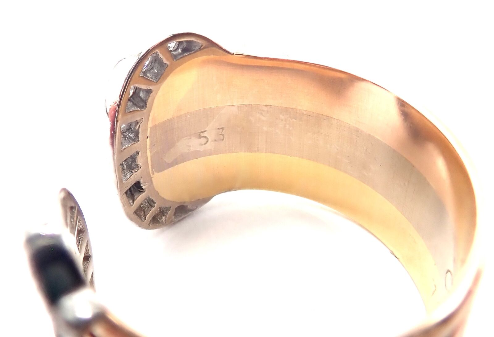 Authentic! Cartier Diamond Double C 18k Tri-Color Gold Band Ring Size 53 US 6.25 | Fortrove