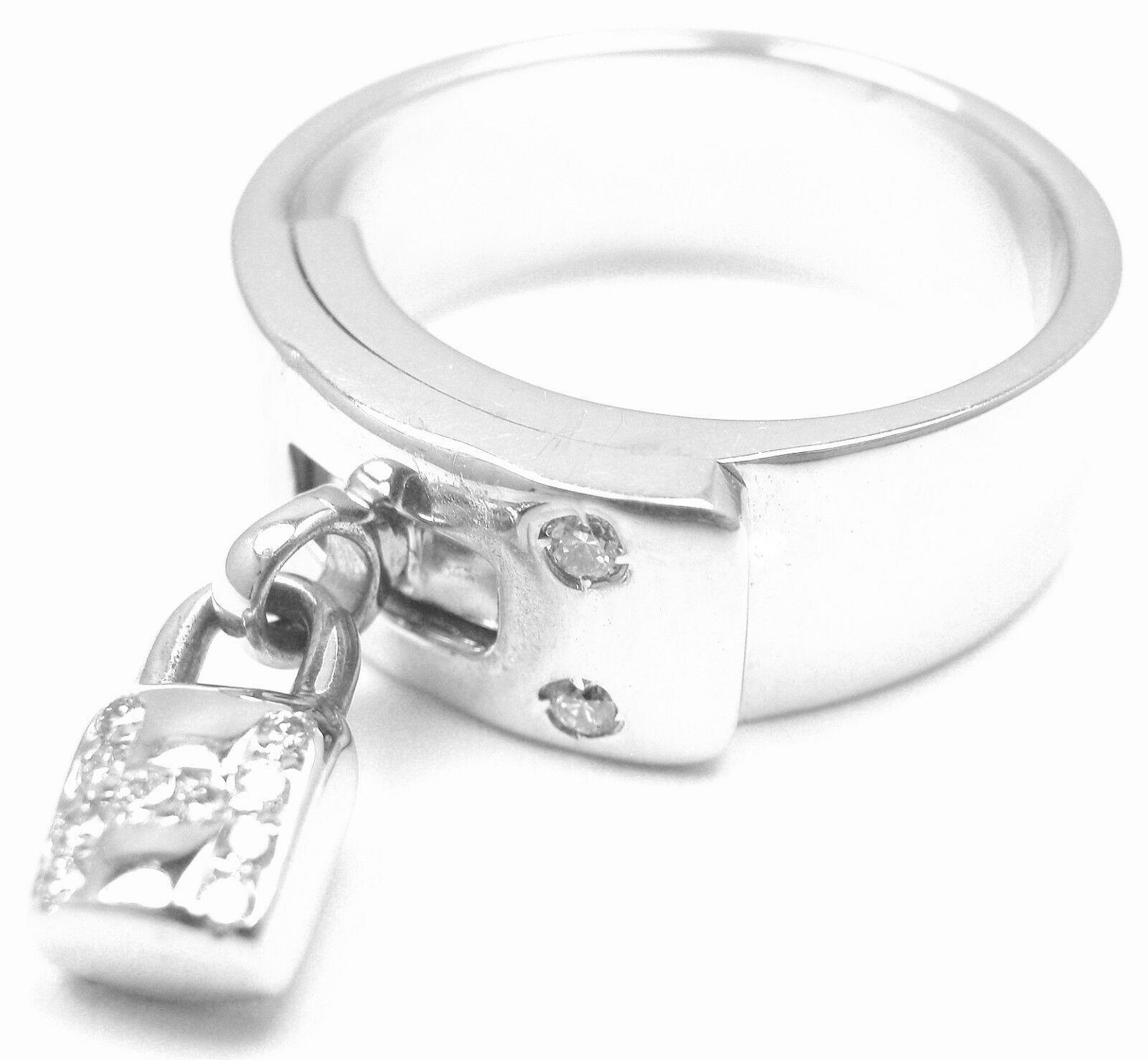 Authentic! Hermes 18k White Gold Diamond "H" Lock Band Ring Size 5 | Fortrove
