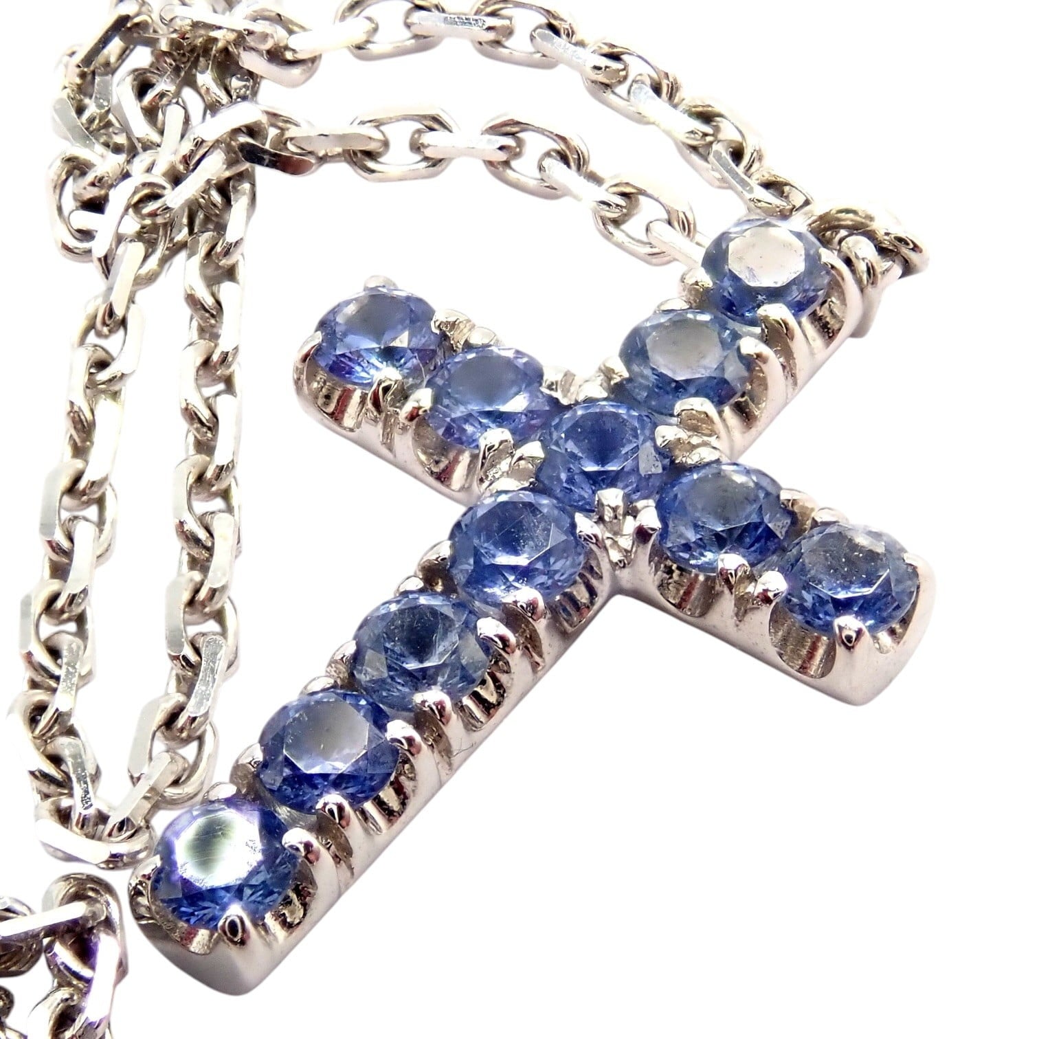 Authentic! Cartier 18k White Gold Sweet Cross Blue Sapphire Pendant Necklace | Fortrove