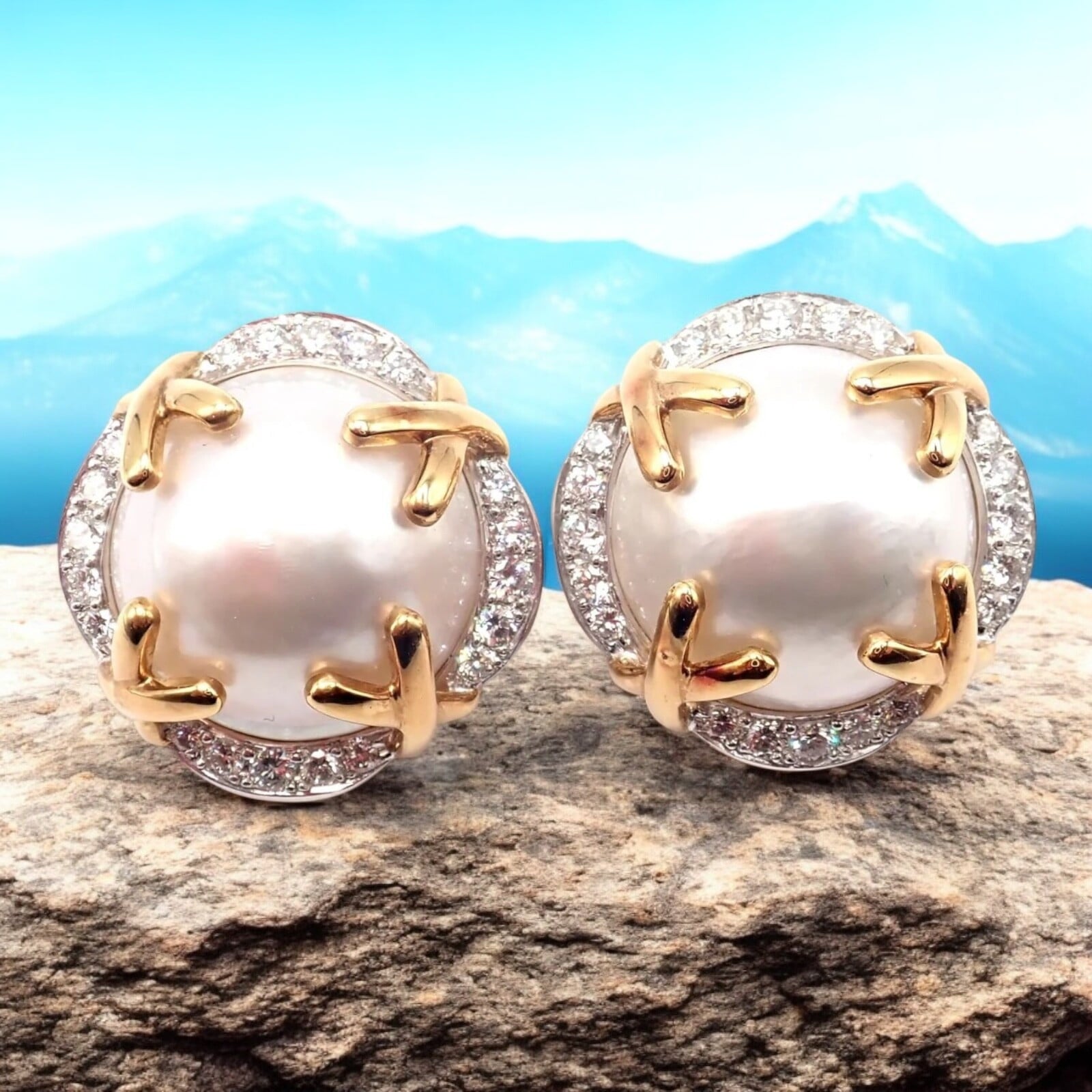 Verdura Jewelry & Watches:Fine Jewelry:Earrings Authentic! Vintage Verdura 18k Yellow Gold Mabe Pearl Diamond Large Earrings