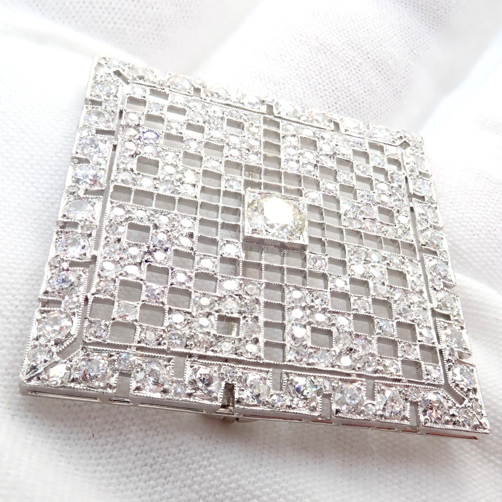 Vintage Estate Art Deco Platinum 5ctw Diamond Square Pin Brooch | Fortrove