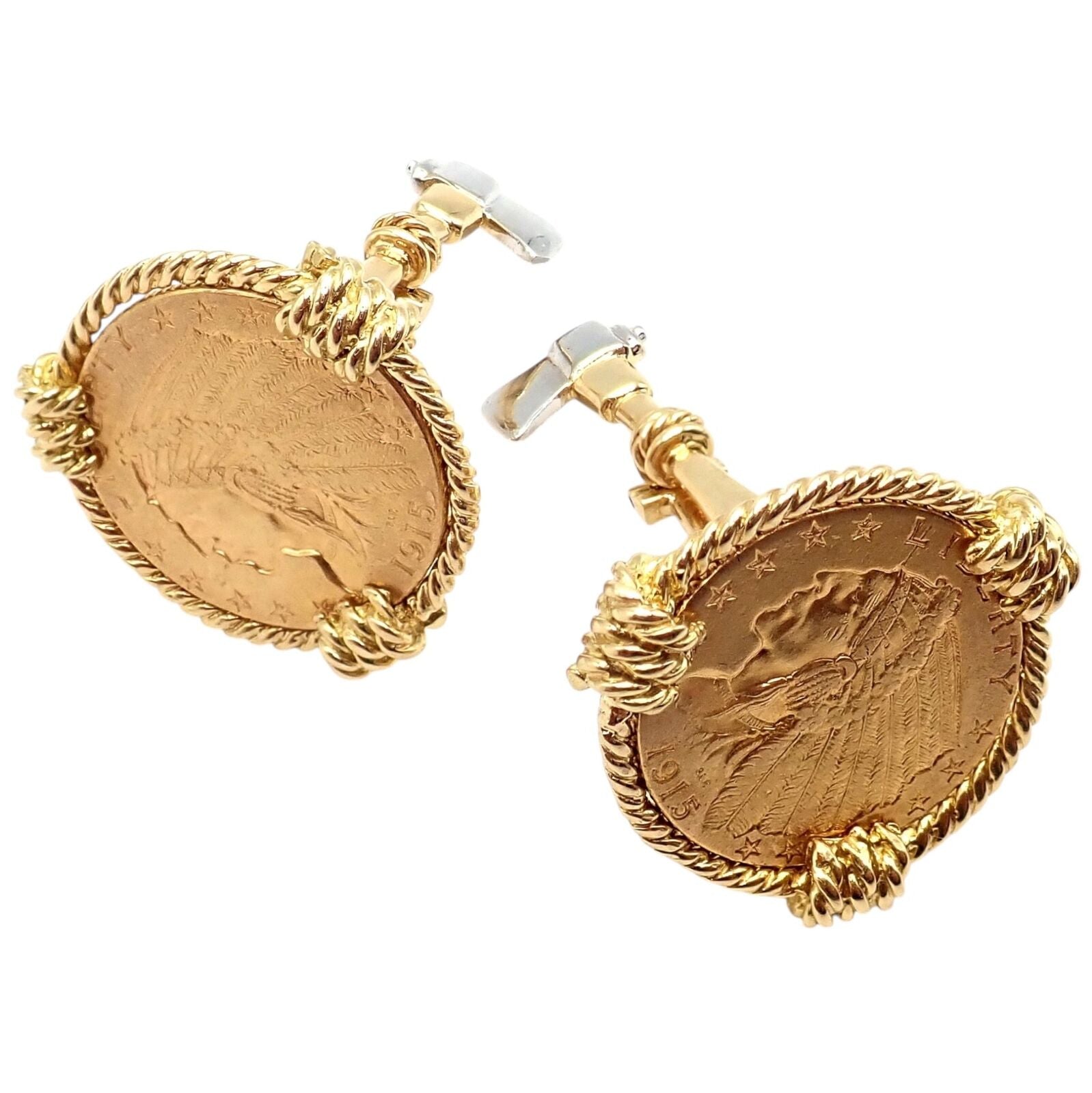 Verdura Five Buck 18k & 22k Yellow + White Gold Indian Head Coin Cufflinks | Fortrove