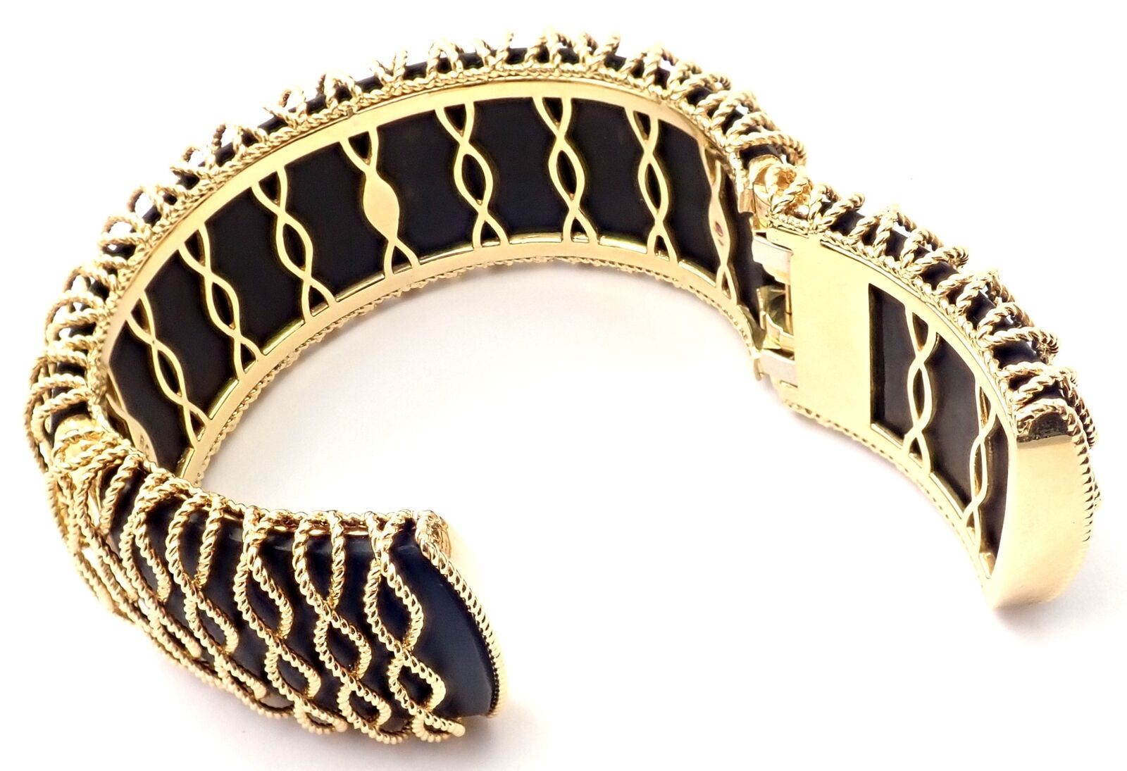 Authentic! Roberto Coin 18k Yellow Gold Diamond Ebony Wood Cuff Bangle Bracelet | Fortrove