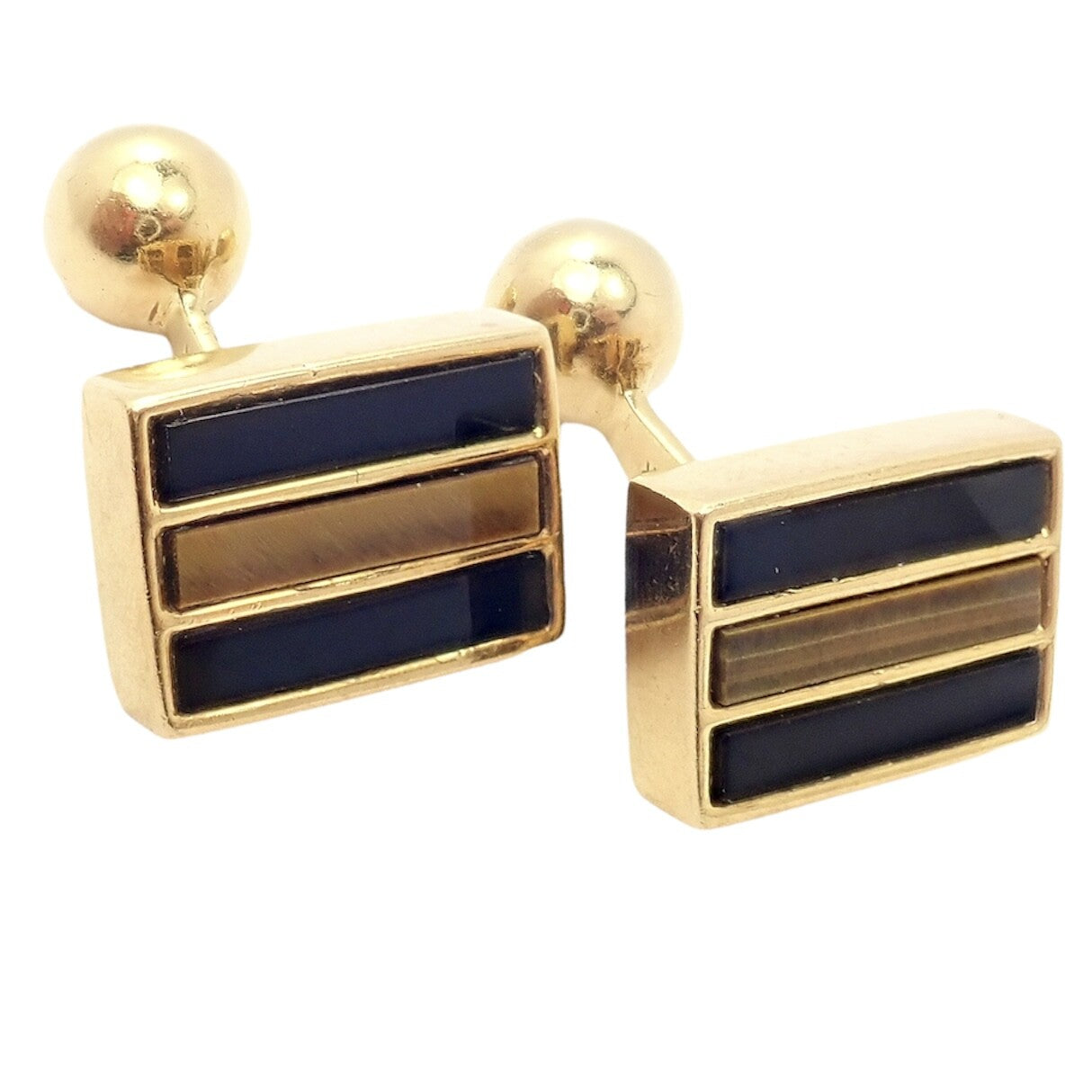 Rare Vintage Tiffany & Co. 18k Yellow Gold Classic Onyx Tiger Eye Cufflinks | Fortrove