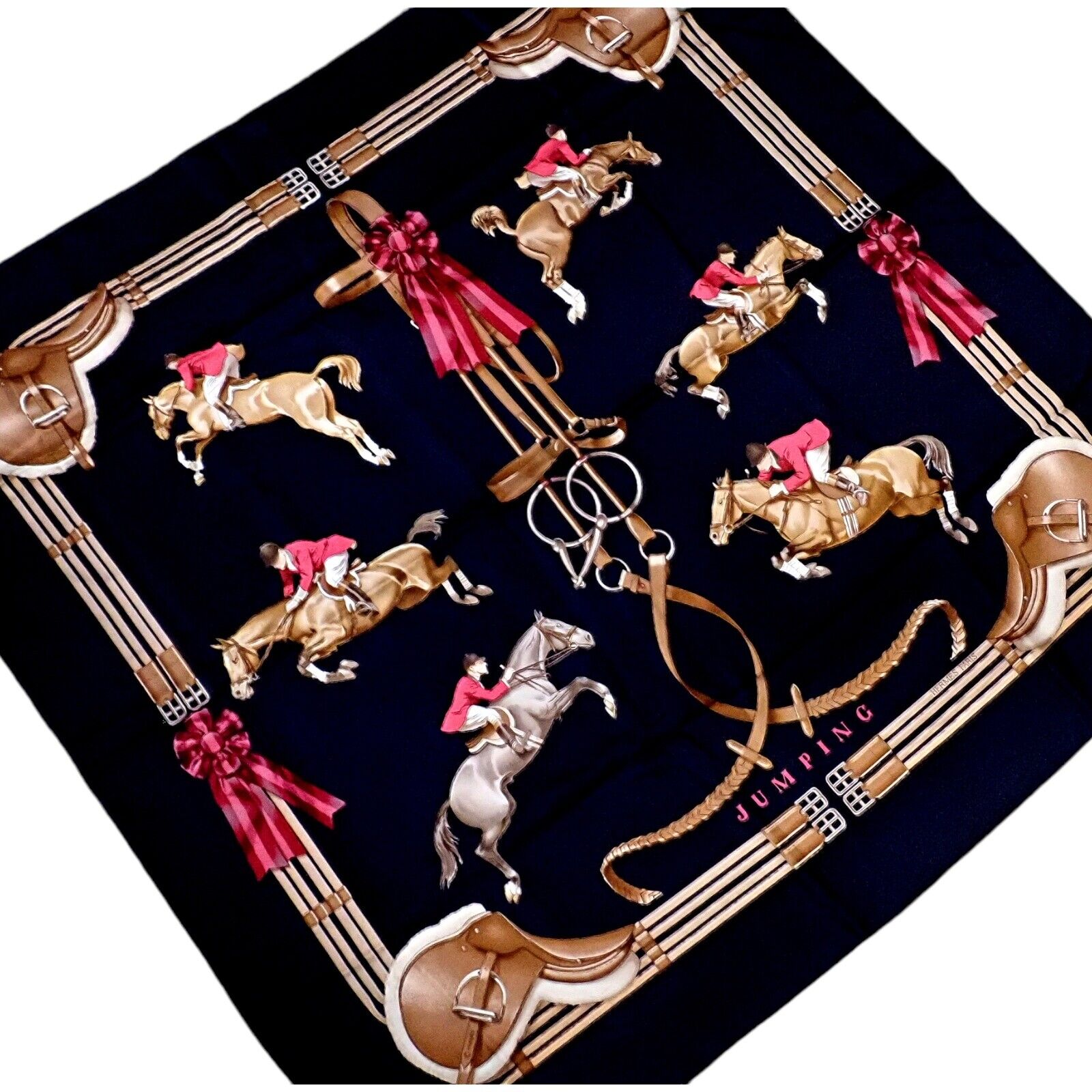 Hermes Clothing, Shoes & Accessories:Women:Women's Accessories:Scarves & Wraps Authentic RARE! Hermes Navy Blue Jumping Equestrian Vintage 90cm Silk Scarf