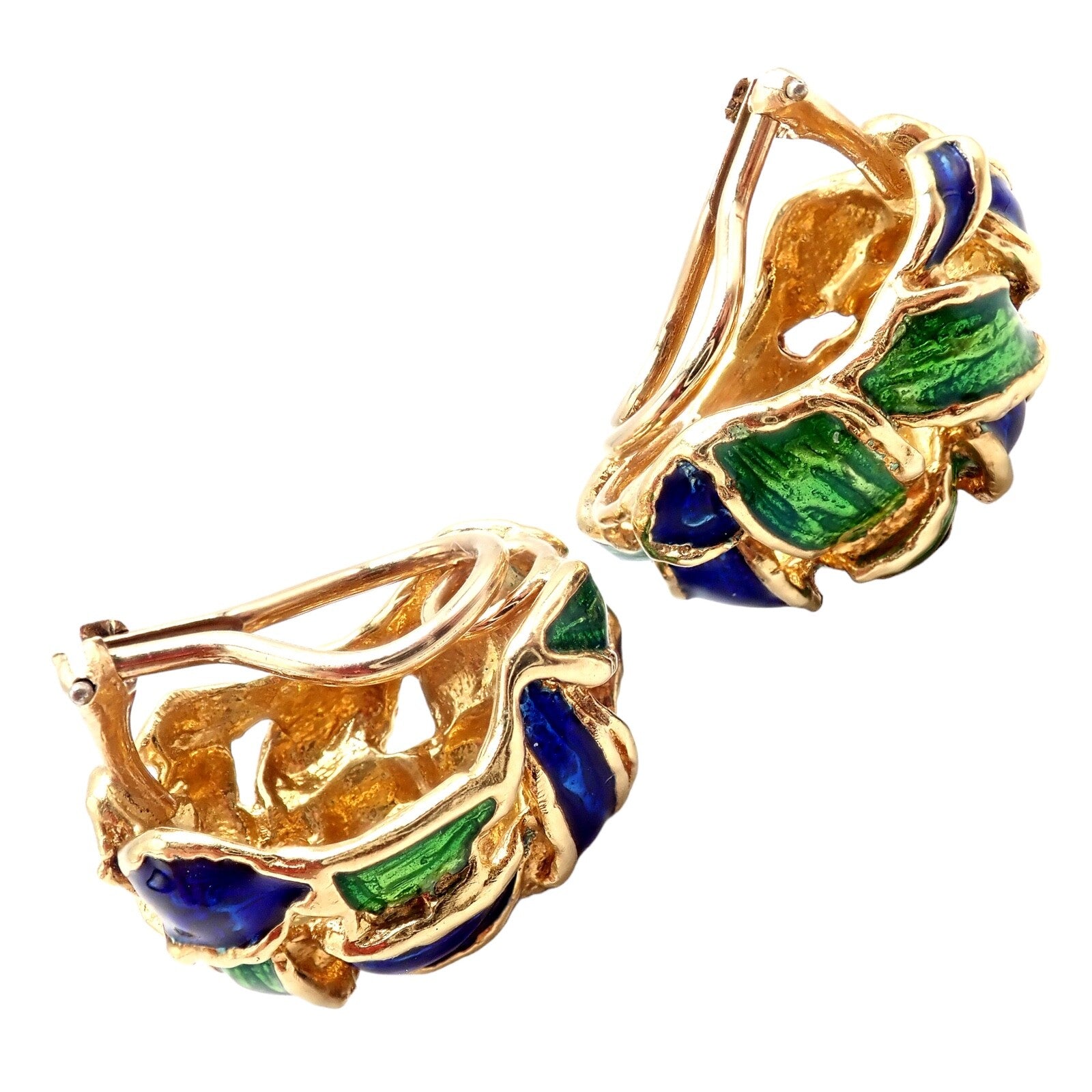 Vintage Tiffany & Co Green Blue Enamel 18k Yellow Gold Basket Weave Earrings | Fortrove