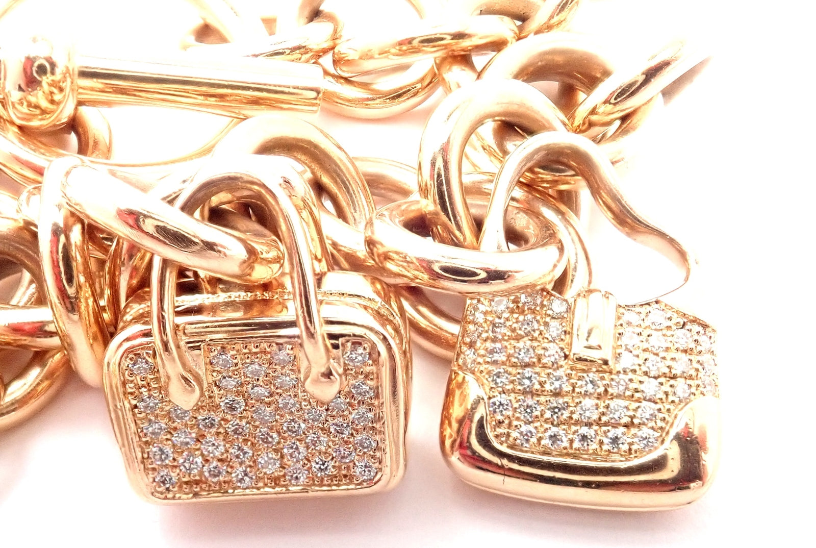 Authentic! Hermes 18k Rose Gold Diamond Signature Iconic Bag Charm Link Bracelet | Fortrove