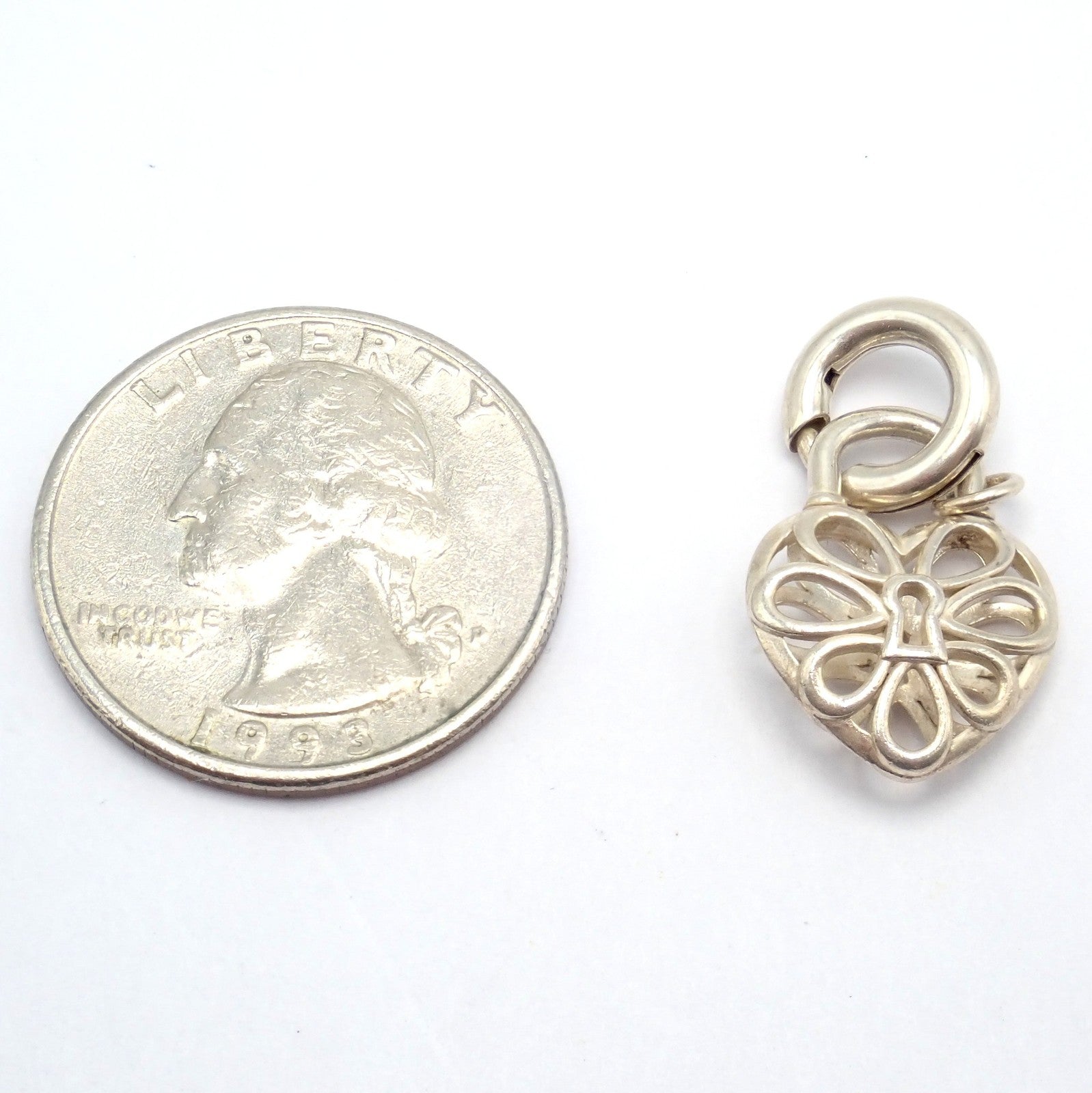 Tiffany & Co. Silver Heart Daisy Padlock Charm Pendant + Spring Ring Clasp | Fortrove