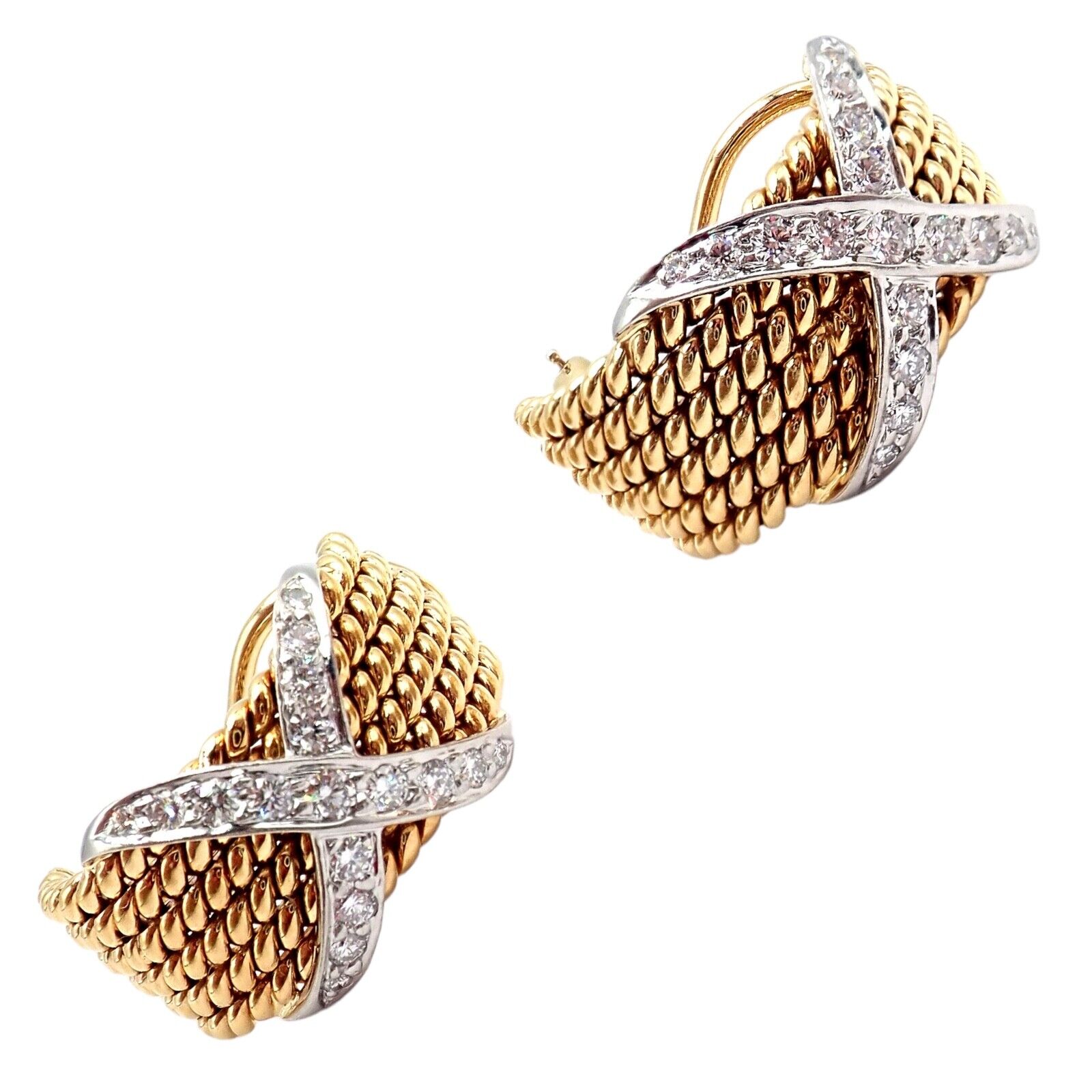 Tiffany & Co Schlumberger 18k Yellow Gold Platinum Diamond 6 Row Rope X Earrings | Fortrove