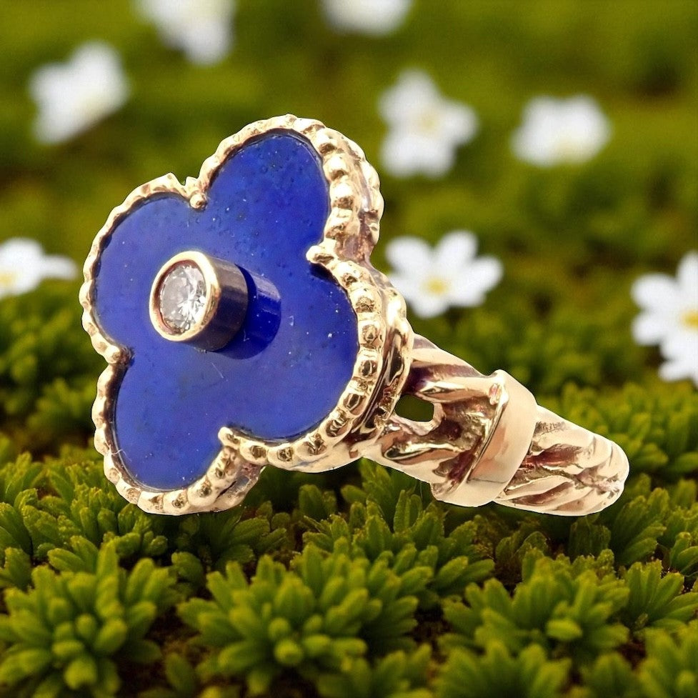 Van Cleef & Arpels Alhambra 18k Yellow Gold Lapis Lazuli Diamond Ring Sz 5.75 | Fortrove