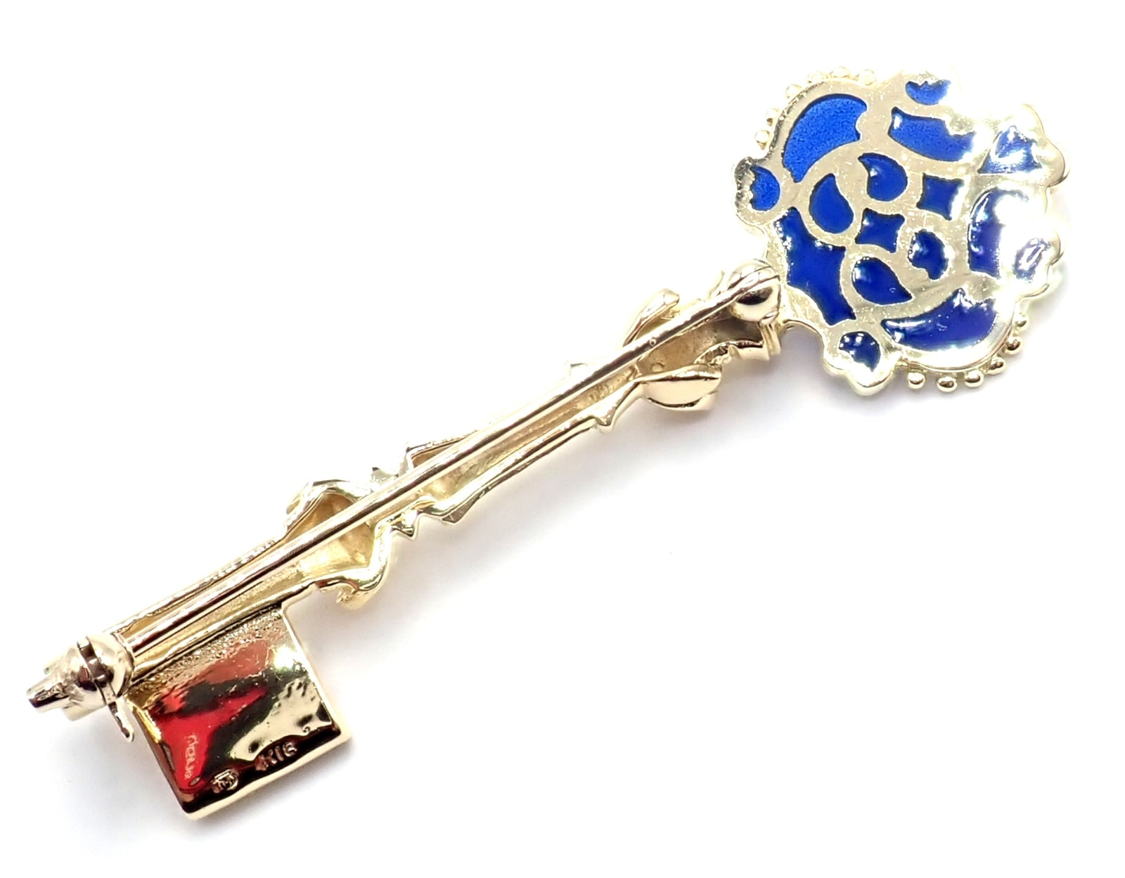 Rare! Authentic Vintage Mikimoto 18k Yellow Gold Key Blue Enamel Brooch Pin | Fortrove