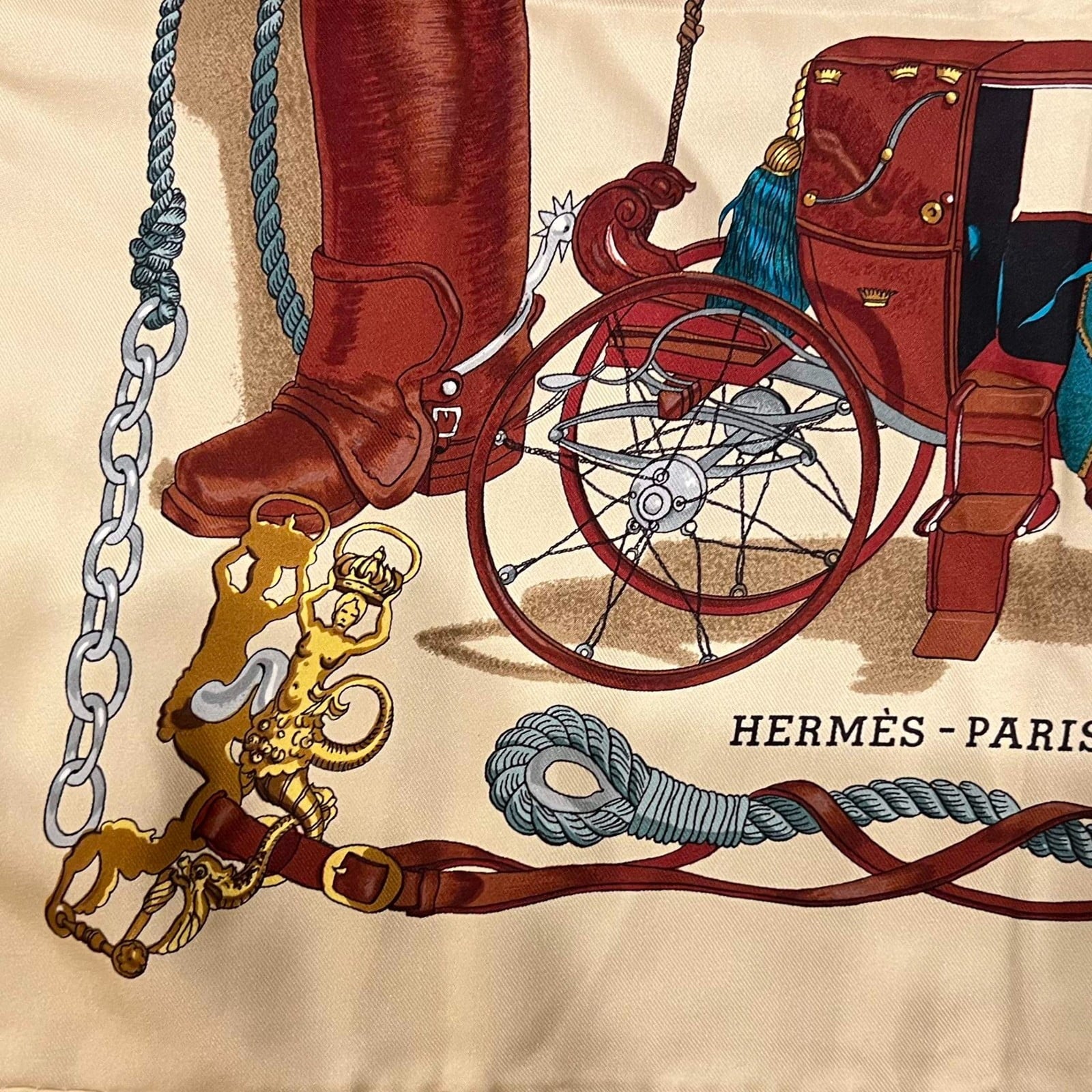Authentic RARE! Hermes Tan Musee Museum Vintage 90cm Silk Scarf
