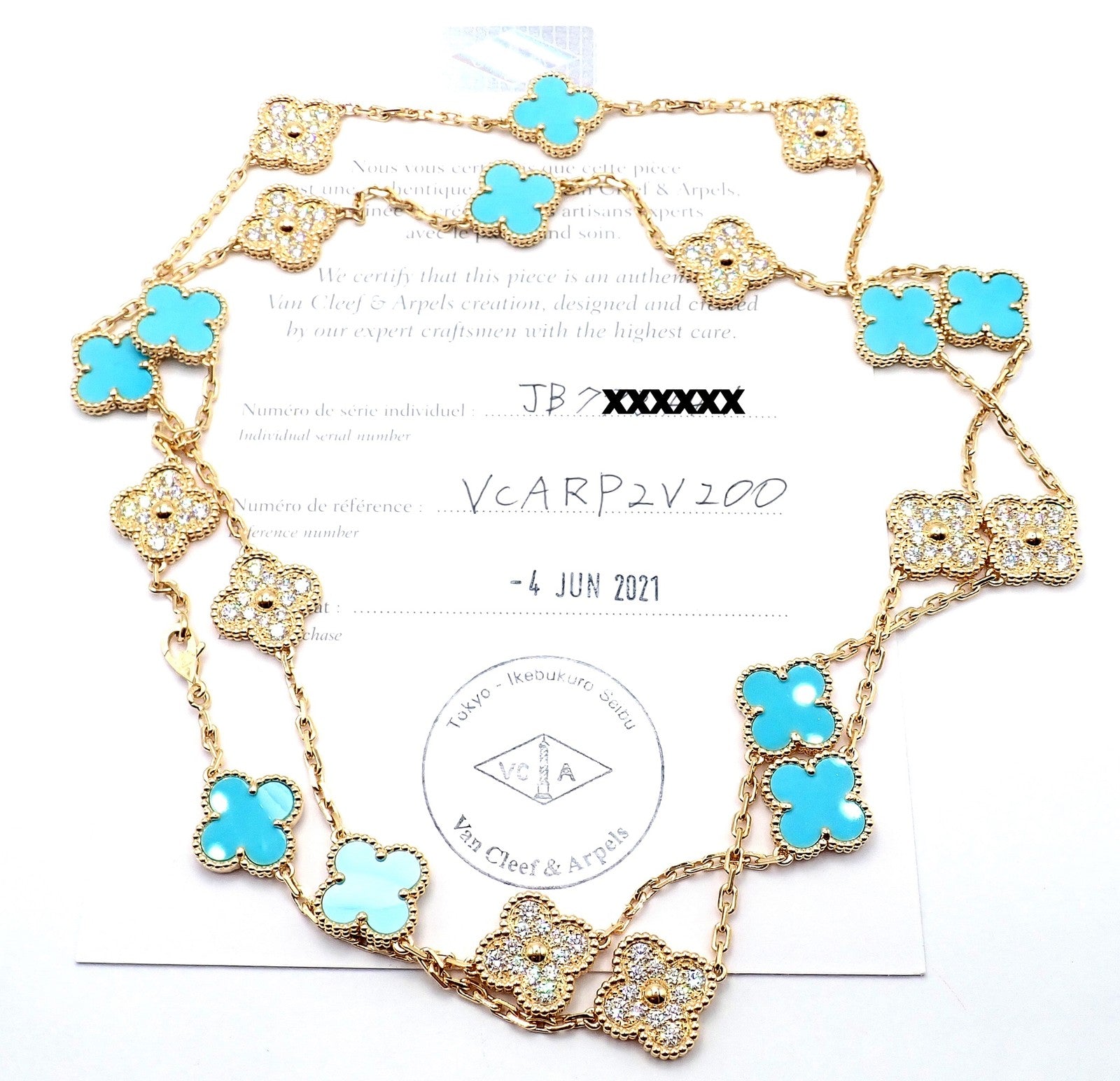 Van Cleef & Arpels 18k Yellow Gold 20 Motif Alhambra Diamond Turquoise Necklace | Fortrove