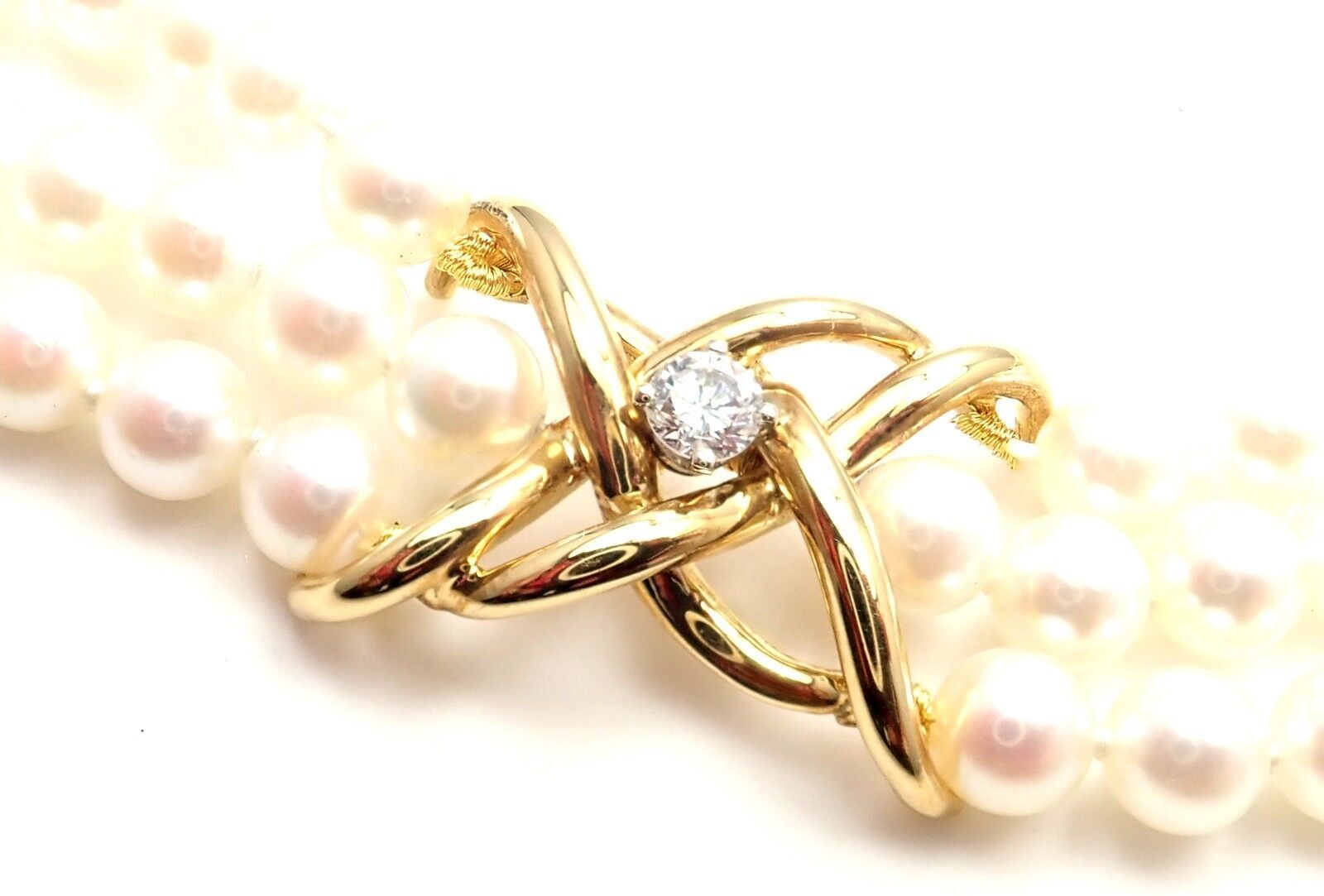 Authentic! Tiffany & Co 18k Yellow Gold Diamond 3 Strand Pearl Necklace | Fortrove
