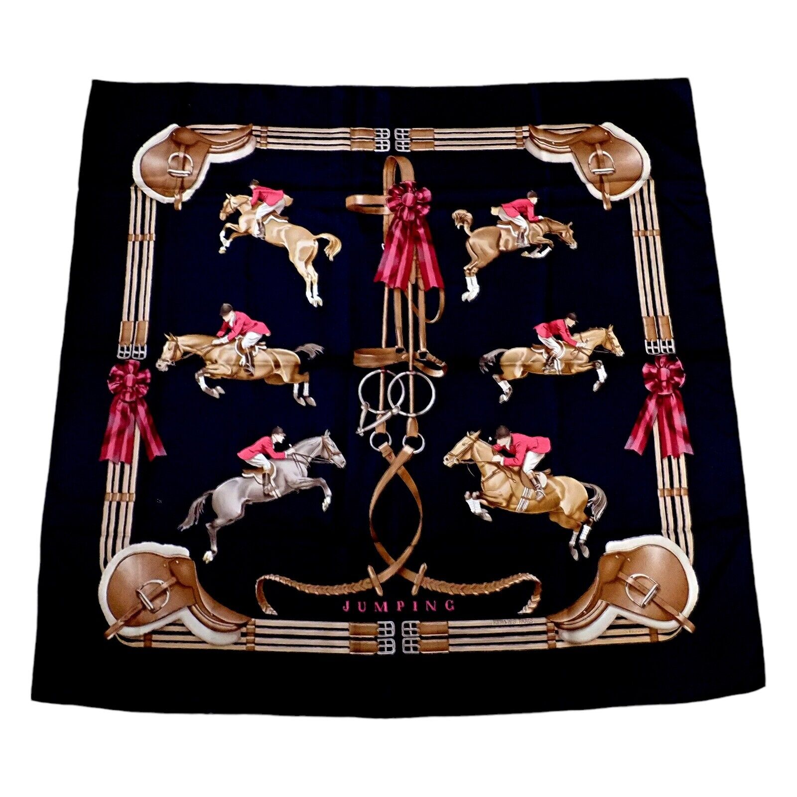 Hermes Clothing, Shoes & Accessories:Women:Women's Accessories:Scarves & Wraps Authentic RARE! Hermes Navy Blue Jumping Equestrian Vintage 90cm Silk Scarf