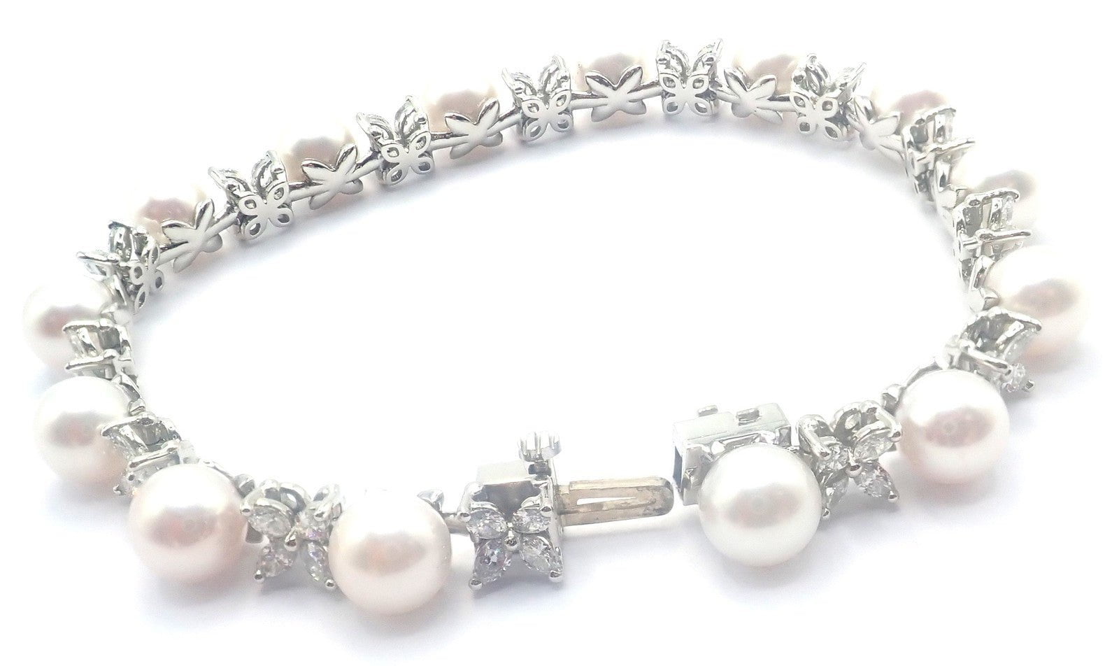Tiffany & Co Victoria Platinum Diamond Akoya Cultured Pearl Line Tennis Bracelet | Fortrove