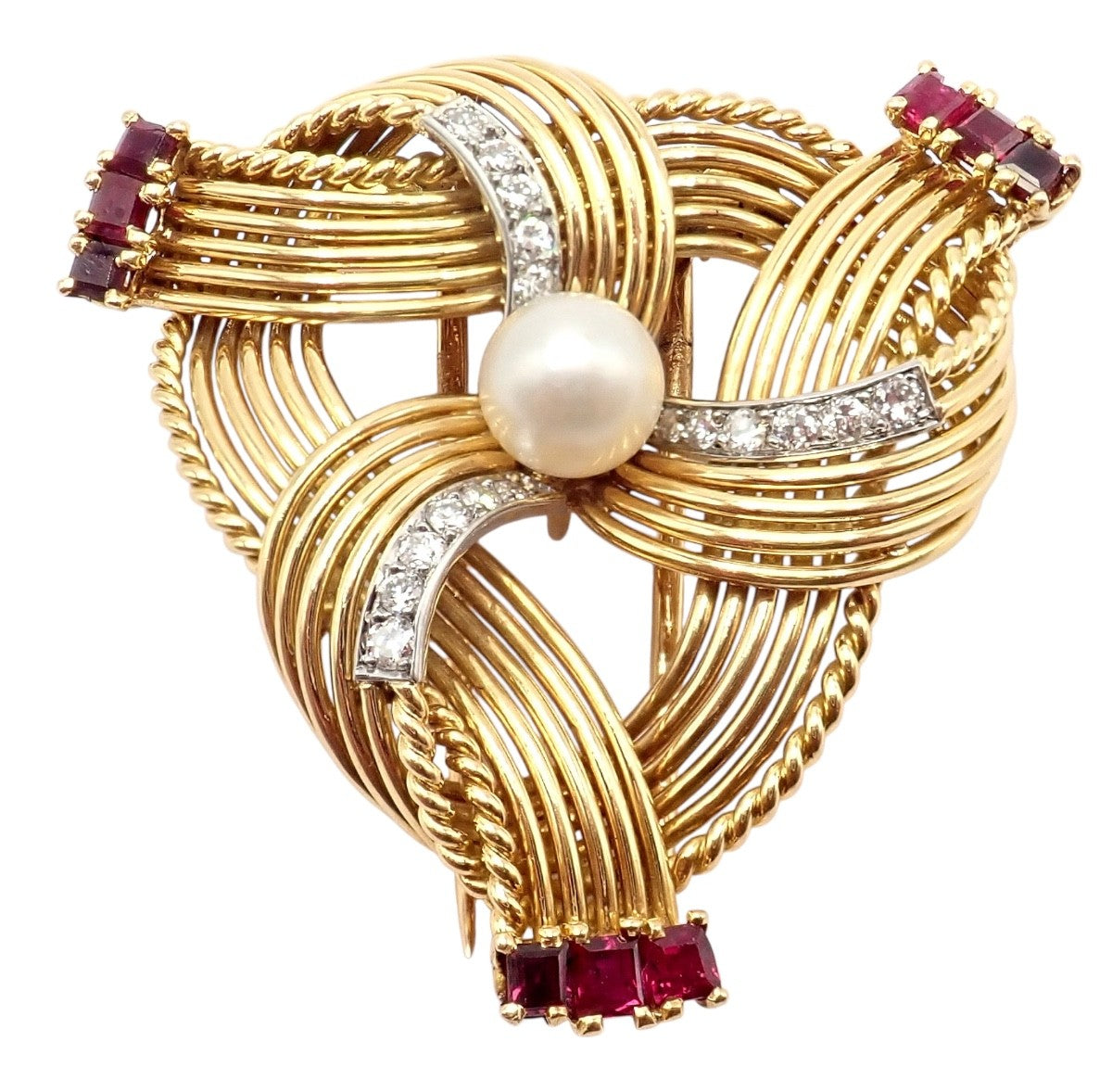 Vintage Cartier 18k Yellow Gold Diamond Ruby Pearl Pin Brooch 1960s | Fortrove