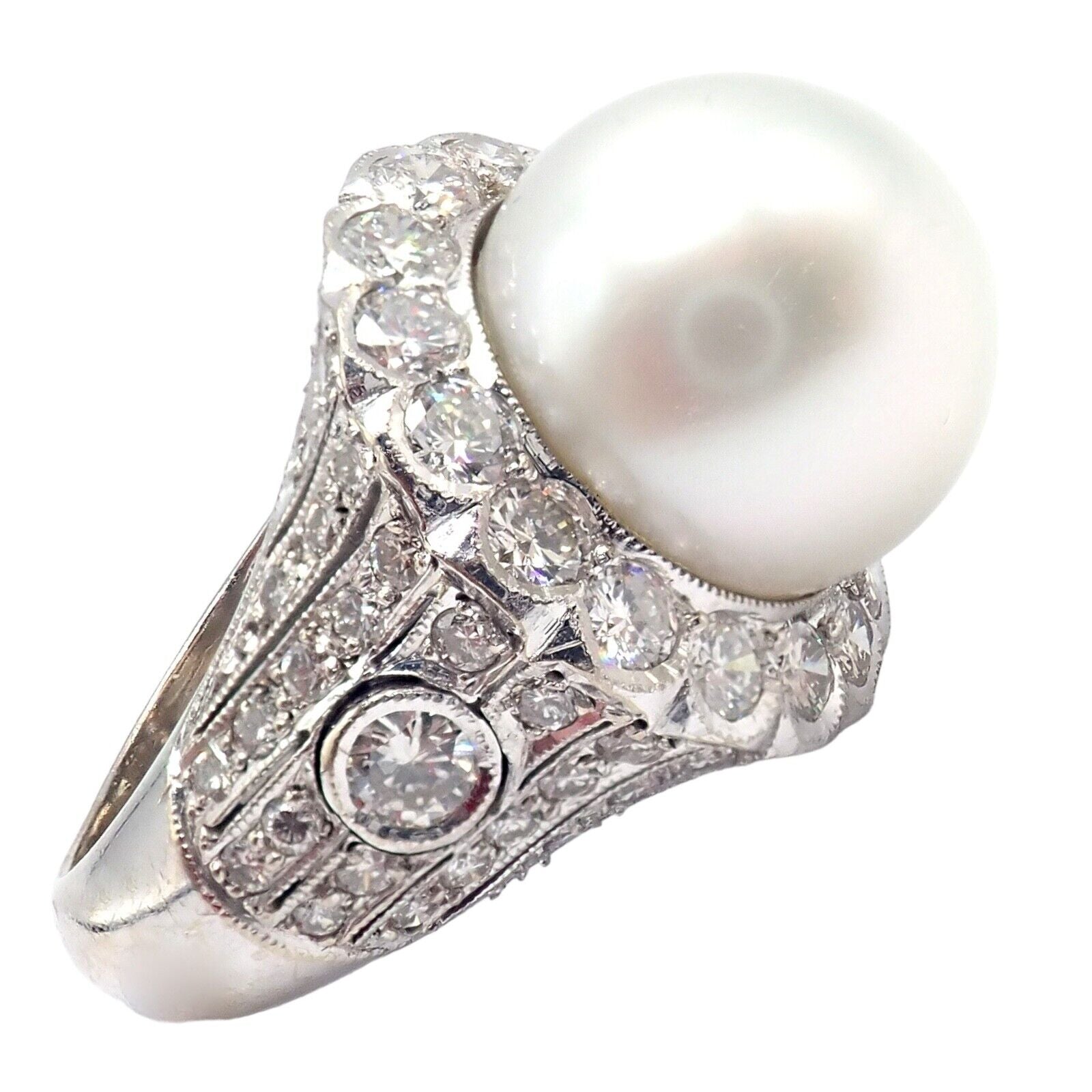 Vintage Estate 18k White Gold Diamond 12.5mm Pearl Cocktail Ring | Fortrove