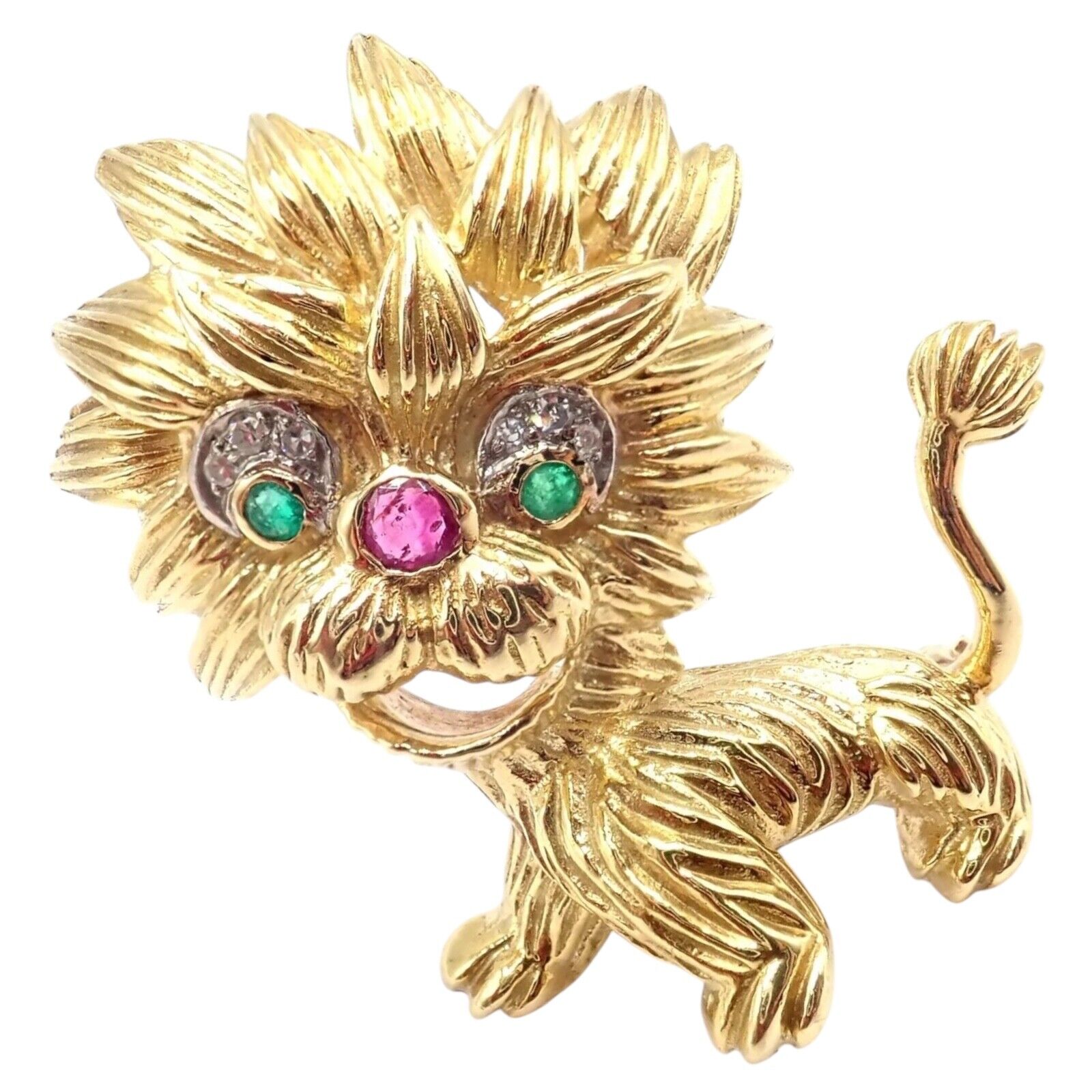 Authentic! Cartier Whimsical Dragon Lion 18k Yellow Gold Diamond Ruby Pin Brooch | Fortrove