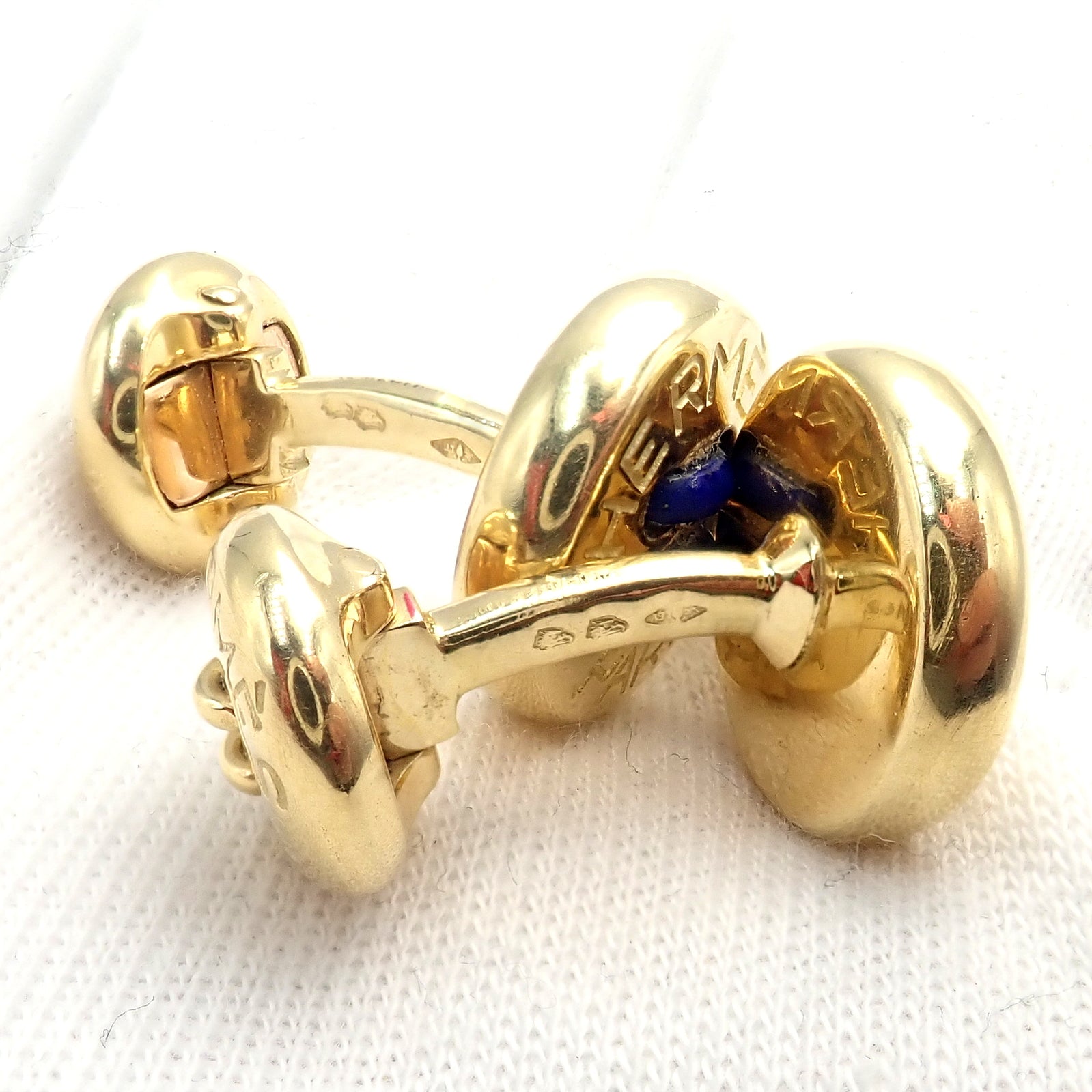 Rare! Vintage Authentic Hermes Paris 18k Yellow Gold Mens Lapis Button Cufflinks | Fortrove