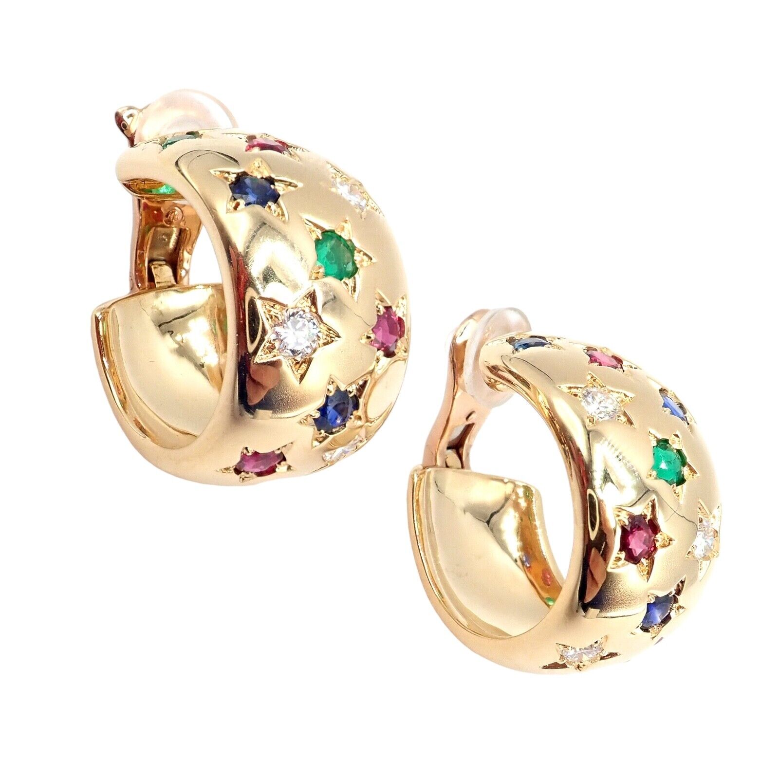 Authentic! Cartier Star 18k Gold Diamond Ruby Emerald Sapphire Hoop Earrings | Fortrove