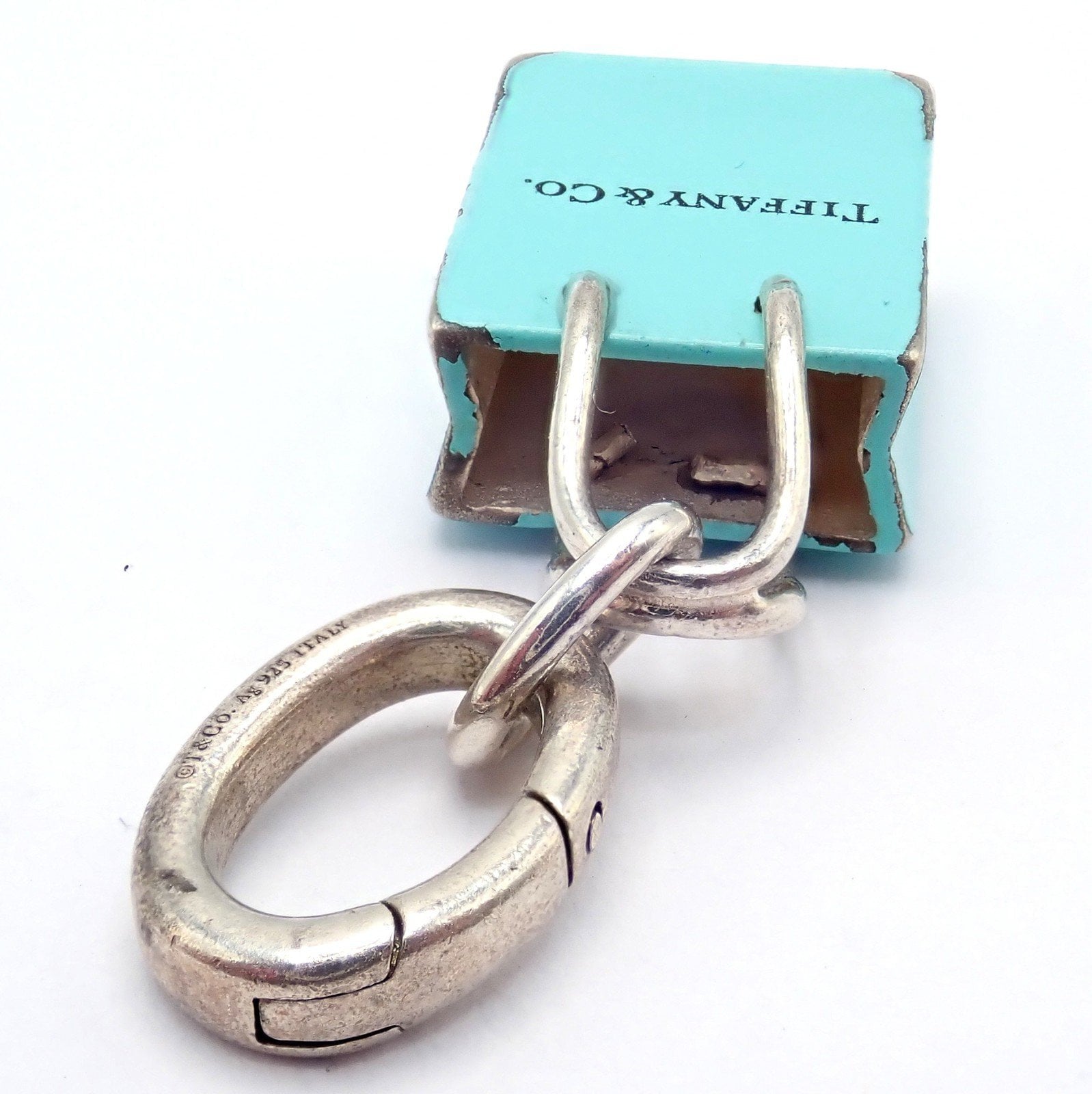Tiffany & Co. Enamel Shopping Bag Silver Charm Pendant + Oval Jump Rin