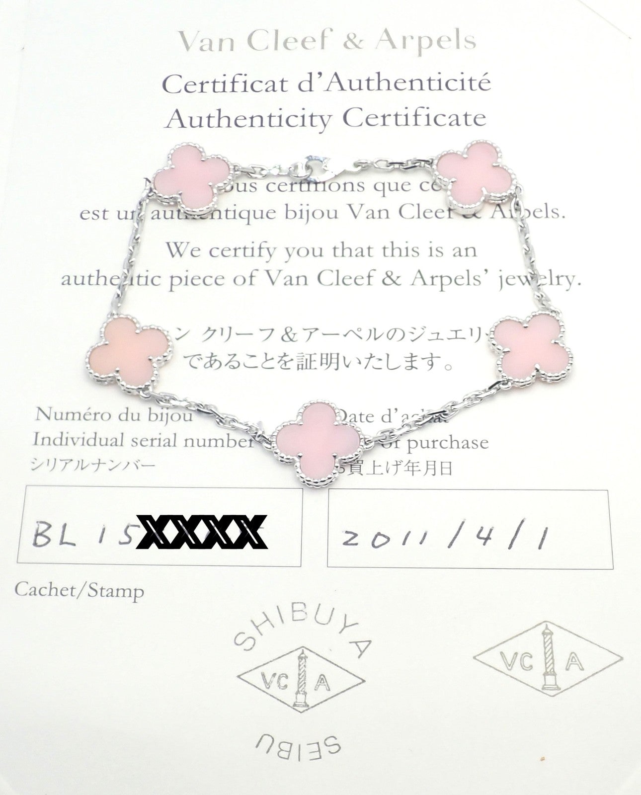 Authentic! Van Cleef & Arpels Alhambra 18k White Gold Pink Opal Bracelet Cer. | Fortrove