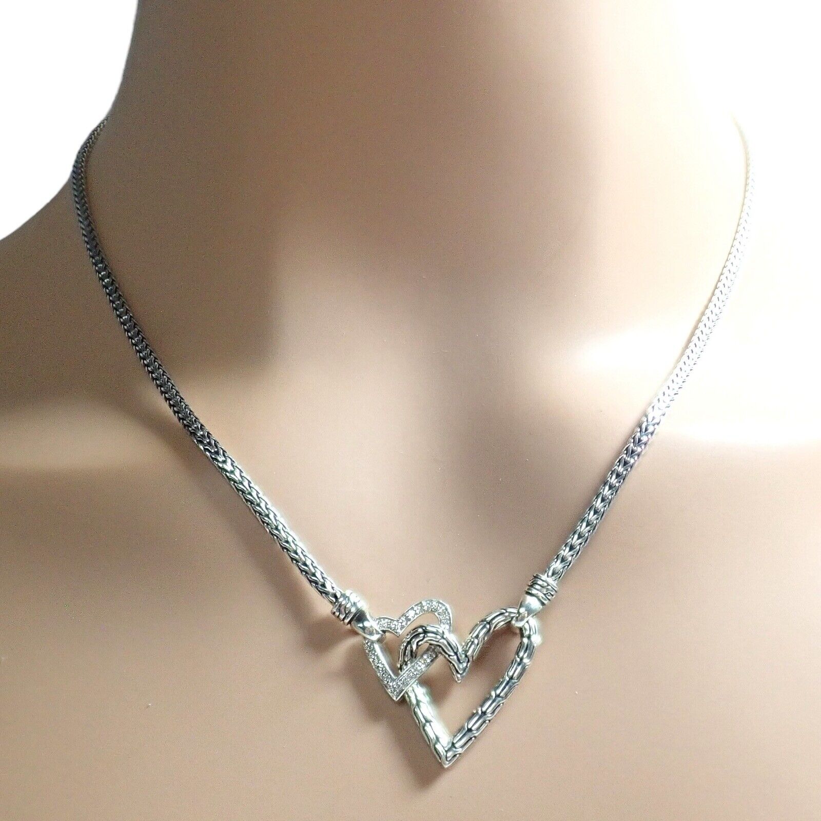 Authentic! John Hardy JH Silver Diamond Double Heart Manah Necklace | Fortrove