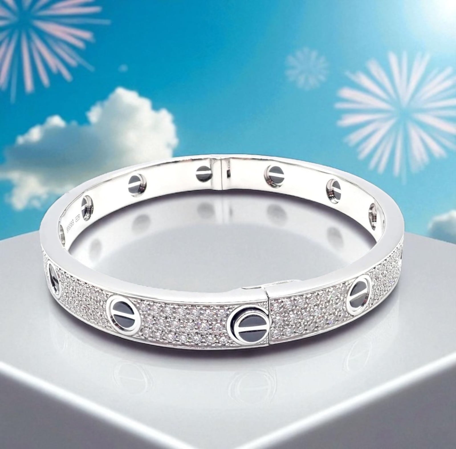 Authentic! Cartier Love 18k White Gold Diamond Pave Ceramic Bracelet S