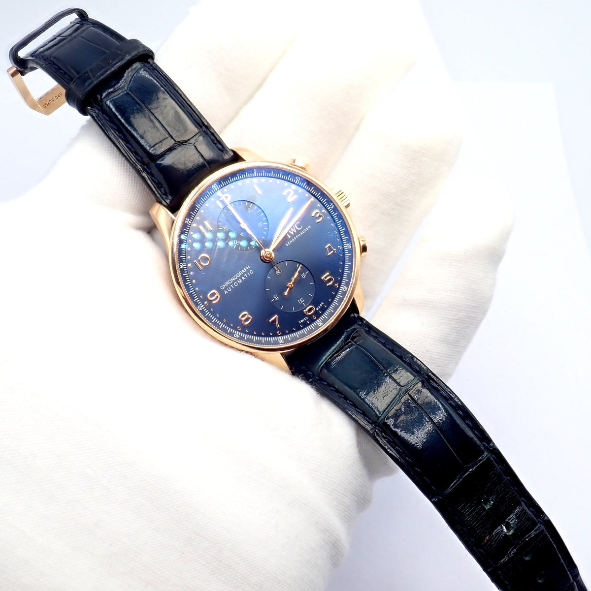 IWC Jewelry & Watches:Watches, Parts & Accessories:Watches:Wristwatches IWC 18k Rose Gold Portugieser Chronograph Navy Blue Skeleton Back Watch IW371614