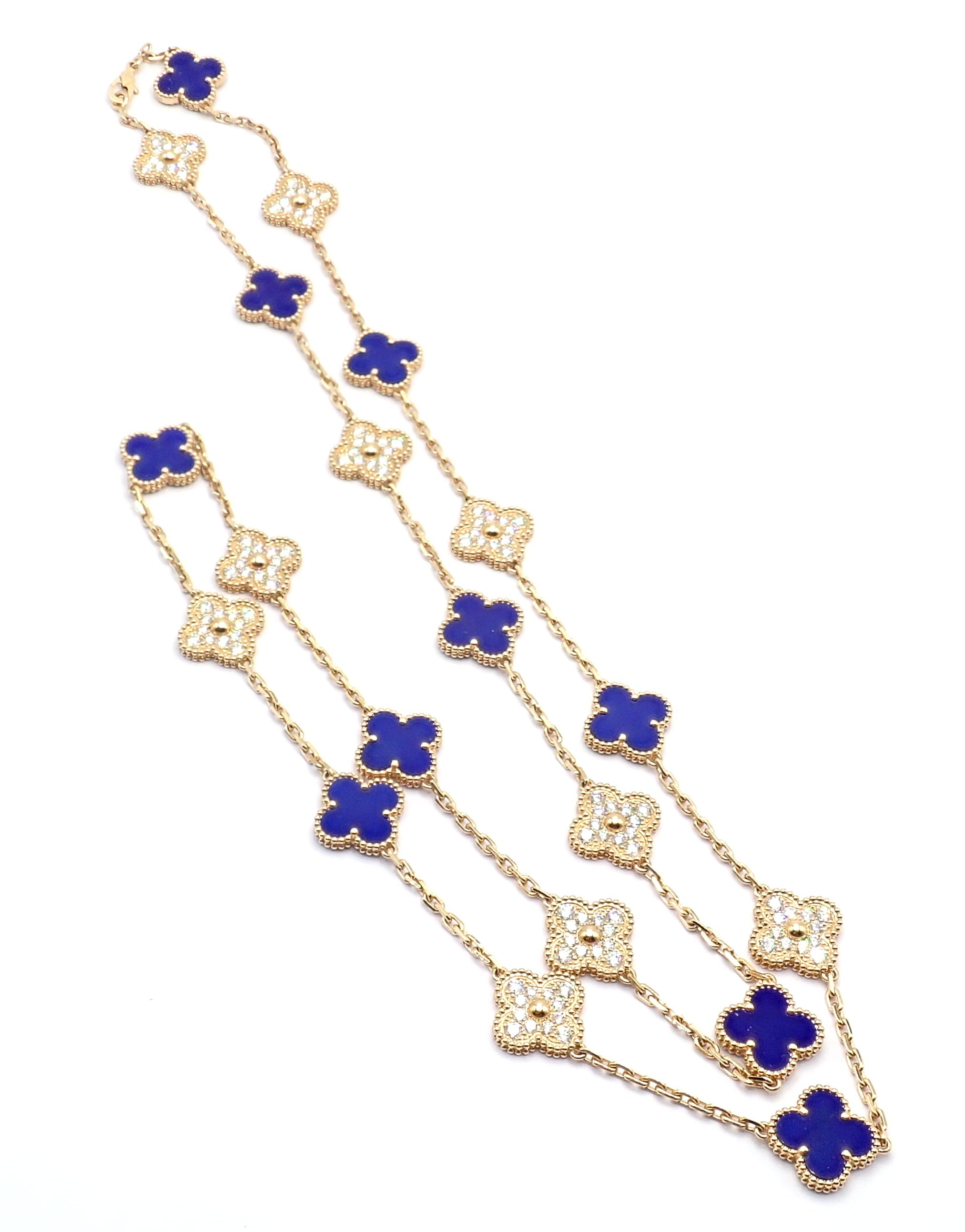 Van Cleef & Arpels Jewelry & Watches:Fine Jewelry:Necklaces & Pendants Van Cleef & Arpels 18k Yellow Gold 20 Motif Alhambra Diamond Lapis Necklace