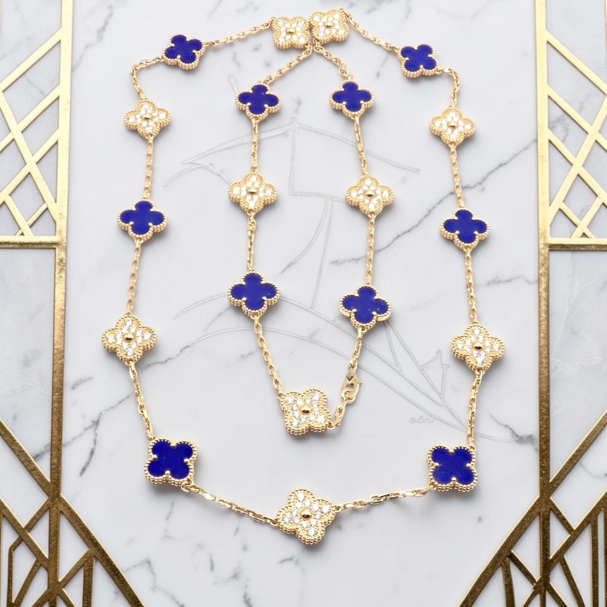 Van Cleef & Arpels 18k Yellow Gold 20 Motif Alhambra Diamond Lapis Necklace | Fortrove