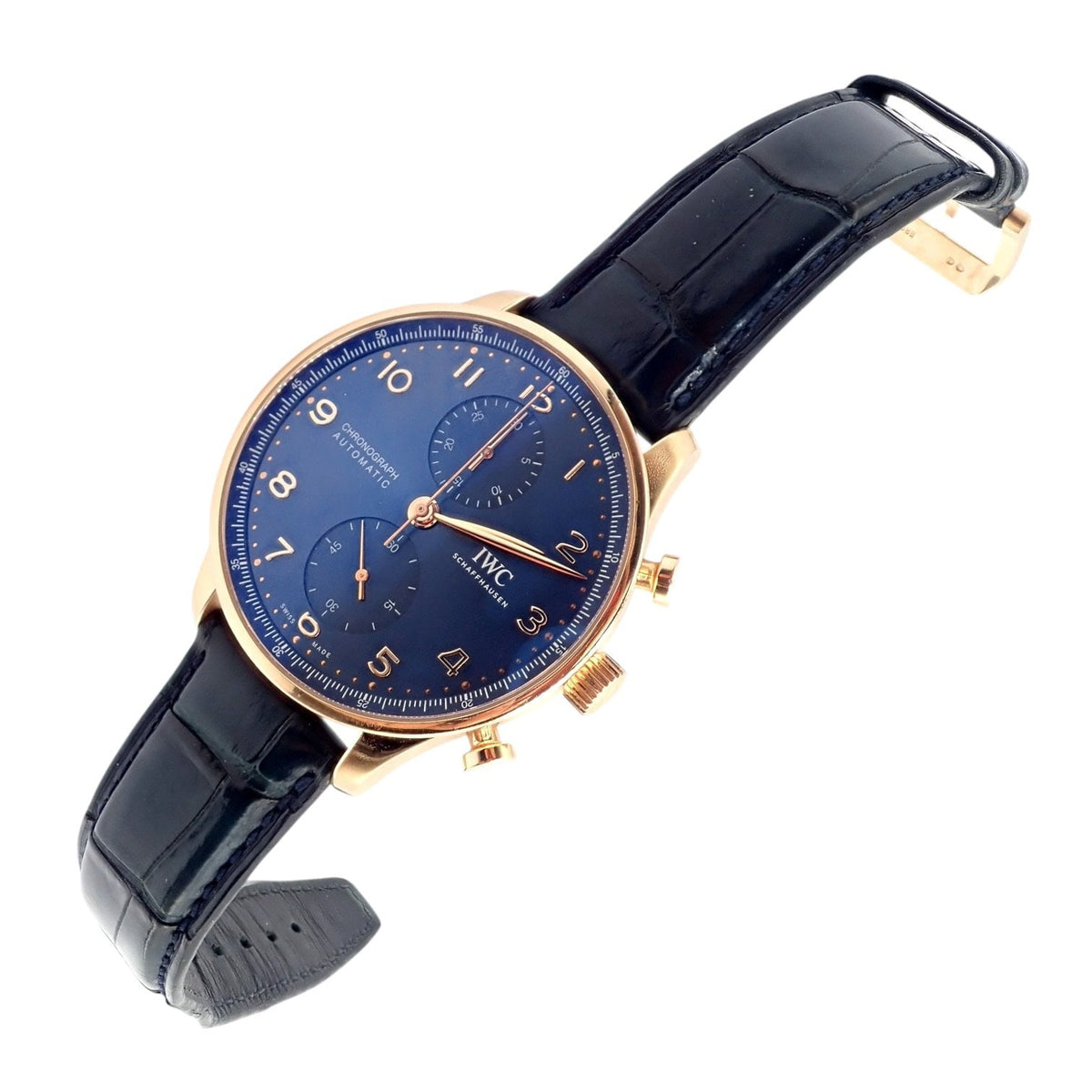 IWC Jewelry & Watches:Watches, Parts & Accessories:Watches:Wristwatches IWC 18k Rose Gold Portugieser Chronograph Navy Blue Skeleton Back Watch IW371614