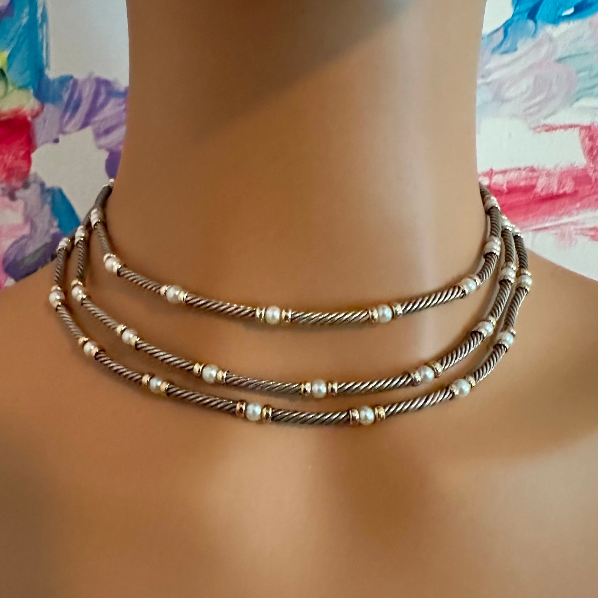David Yurman Jewelry & Watches:Fine Jewelry:Necklaces & Pendants David Yurman DY Sterling Silver 14k Yellow Gold 3 Cable 3mm Pearl Necklace 15"