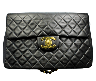 1995 Chanel Jumbo XL Maxi Black Quilted Lambskin Single Flap Handbag Purse