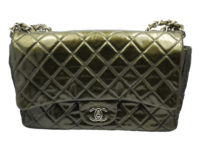 2008 Chanel Classic Jumbo Quilted Patent Leather Rare Olive Green Handbag Purse
